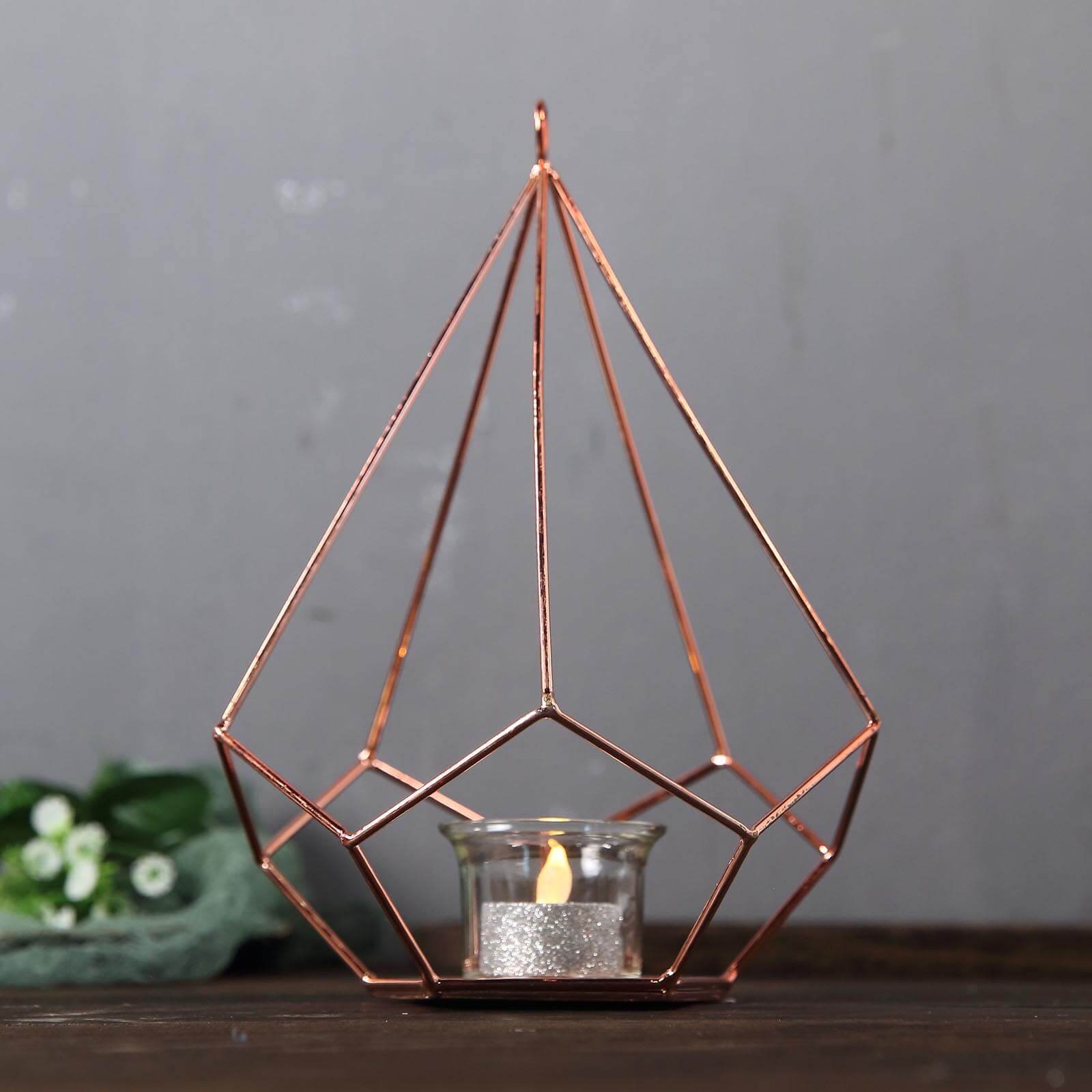 2-Pack Tealight Candle Holders Rose Gold Metal Pentagon Geometric Open Frame - Flower Stand 9"