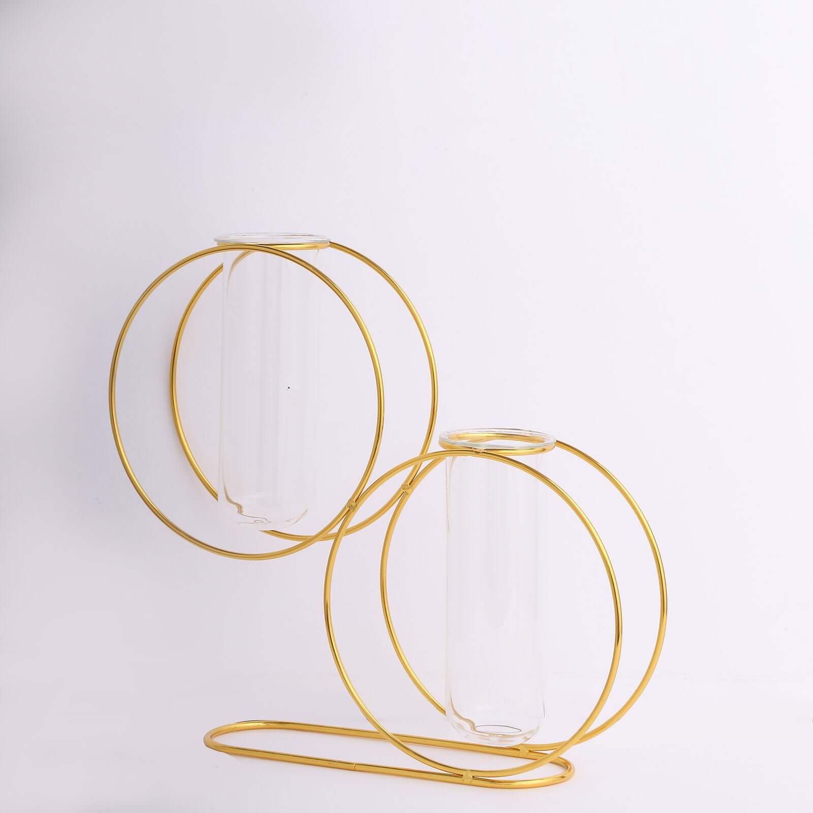2 Pack 10" Gold Metal Geometric Floating Glass Vase Centerpiece, Nordic Style Double Ring Test Tube Flower Vase