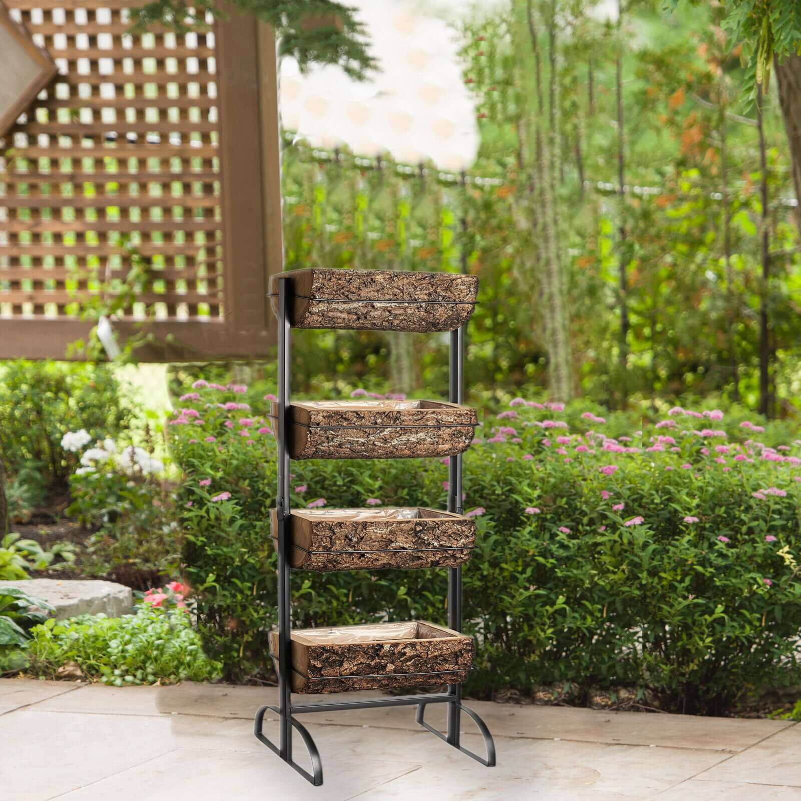 42" 4-Tier Metal Ladder Plant Stand With Natural Wooden Log Planters