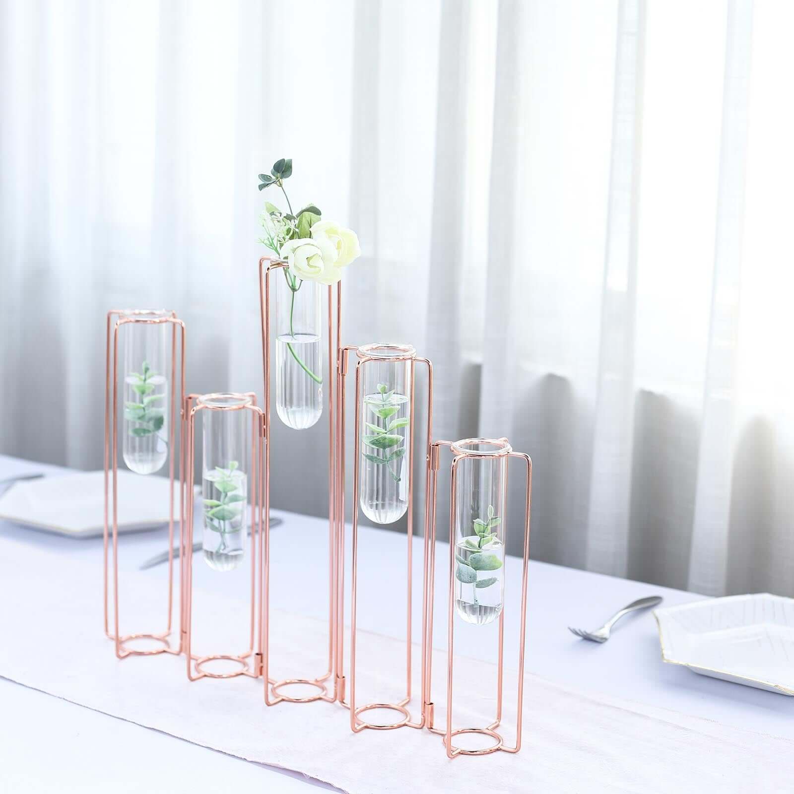 Set of 5 Wedding Centerpieces Rose Gold Frame Conjoined Geometric Design - Test Tube Hydroponic Vases 15"