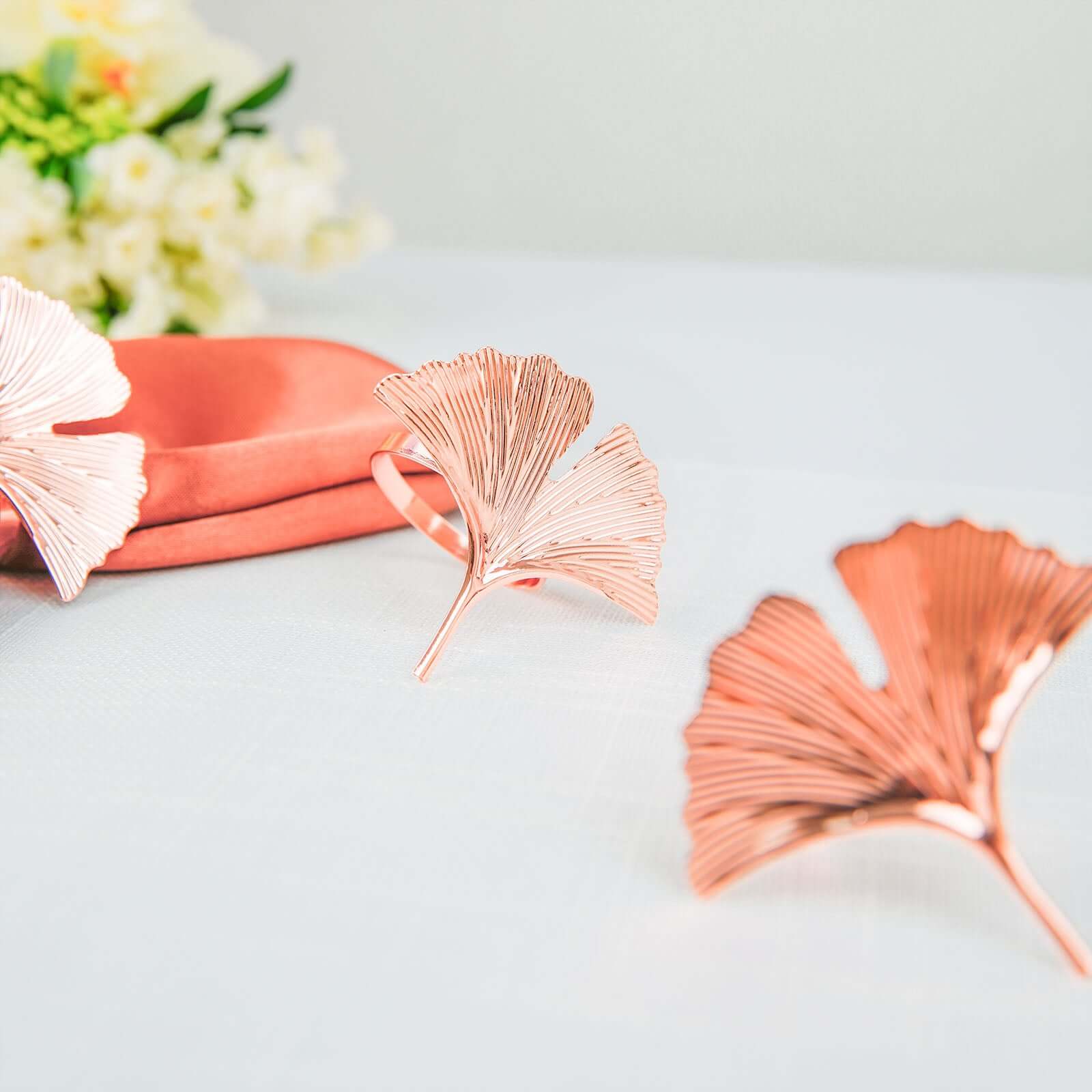 4 Pack Metallic Rose Gold Ginkgo Leaf Napkin Rings, Ornate Design Linen Napkin Holders