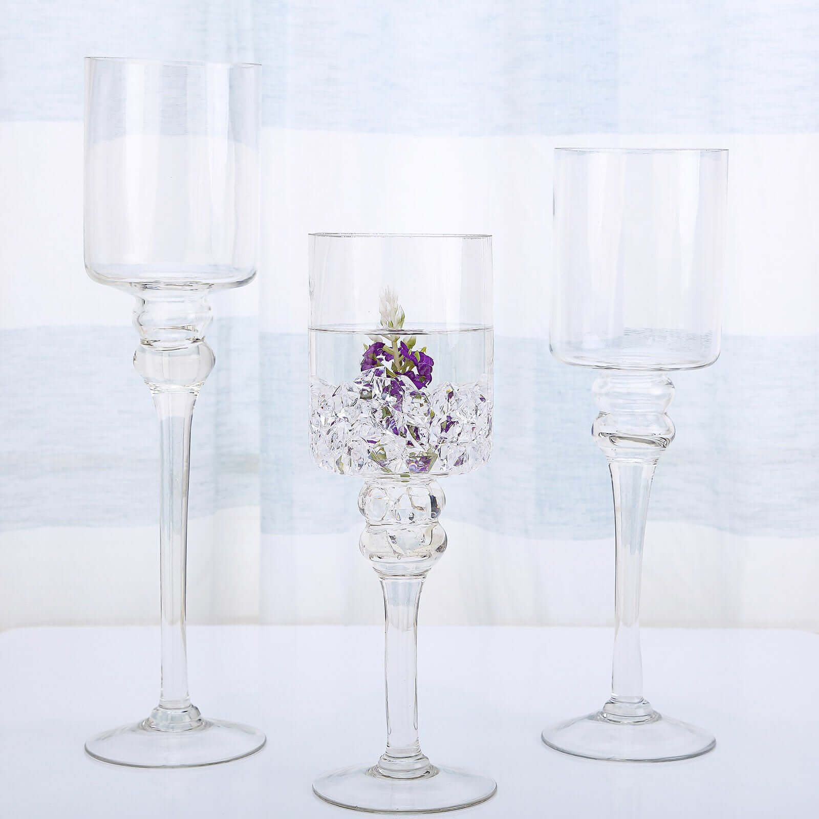 Set of 3 Glass Cylinder Vases Long Stem Clear - Decorative Candle Holder Floral Centerpieces 12", 14", 16"