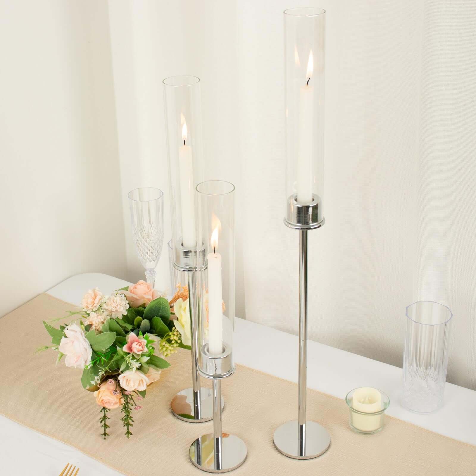 Set of 3 Tall Silver Metal Taper Candlestick Holders, Clear Glass Hurricane Candle Stands With Chimney Candle Shades 16", 20", 24"
