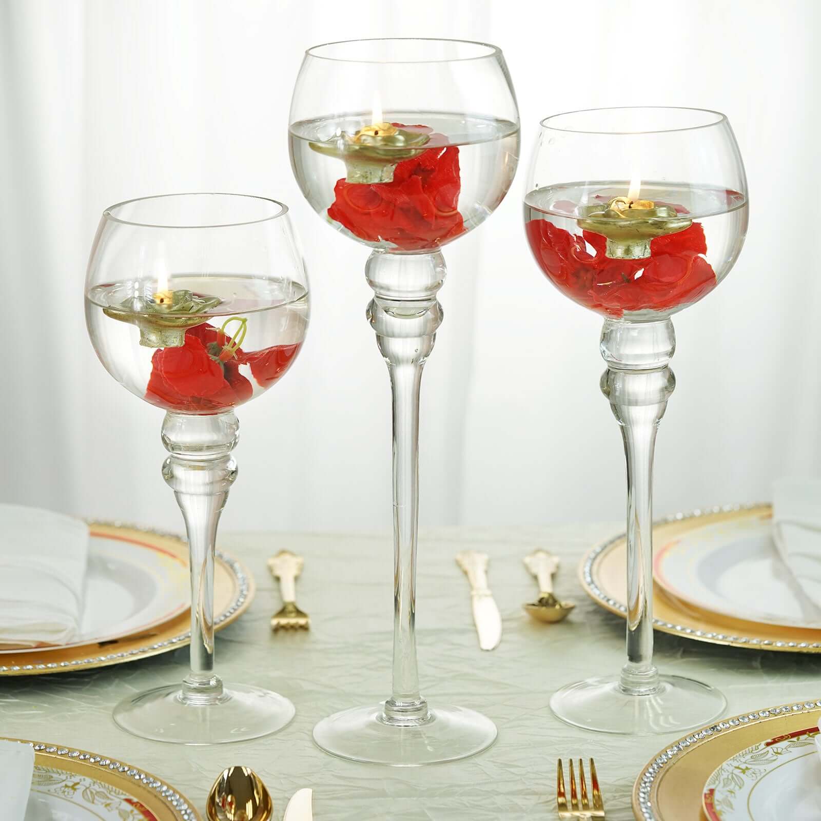 Set of 3 Glass Globe Vases Long Stem Clear - Stylish Candle Holder Floral Centerpieces 12", 14", 16"