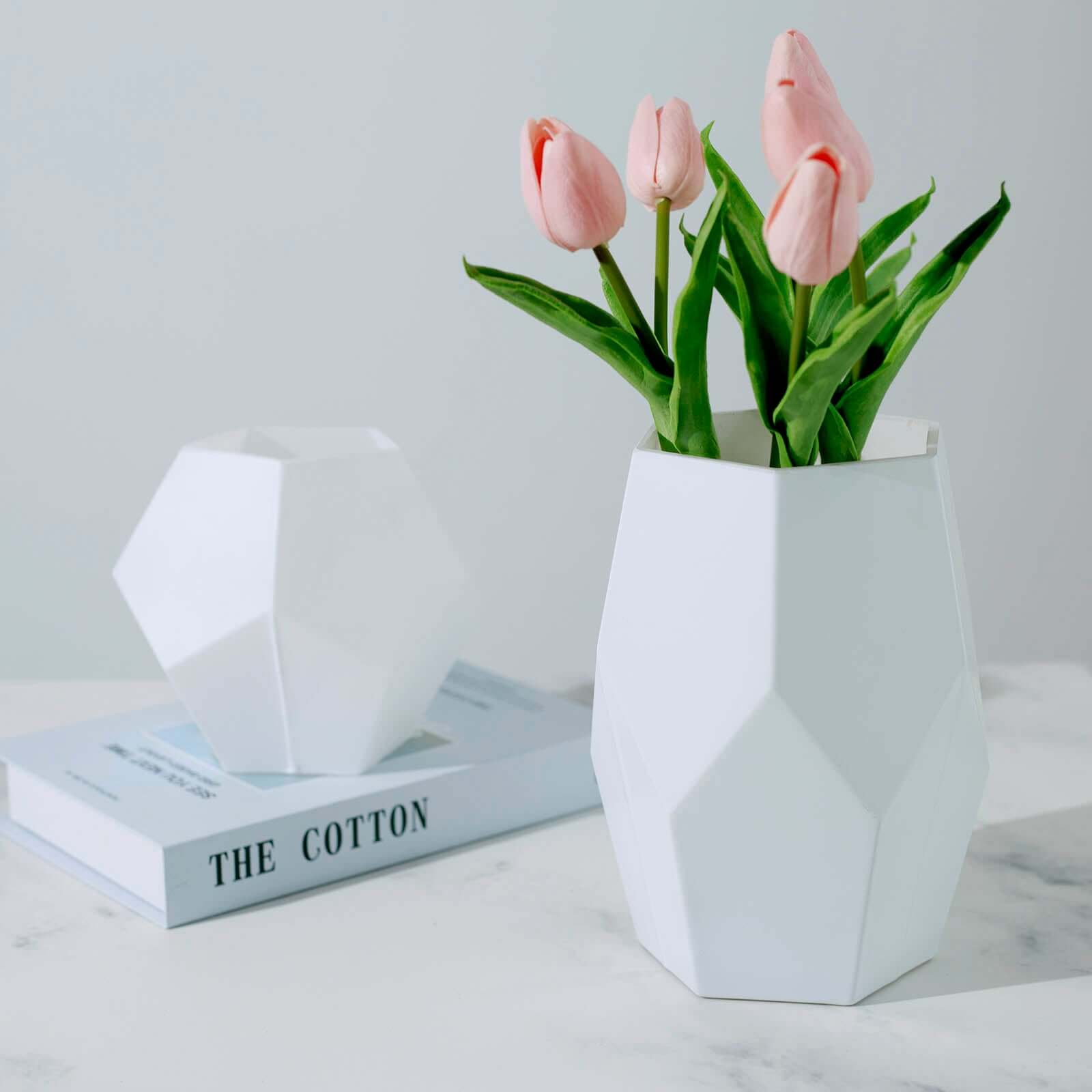 Set of 2 Glass Flower Vases Geometric Design Matte White - Stylish Modern Candle Holder Centerpieces 5", 8"