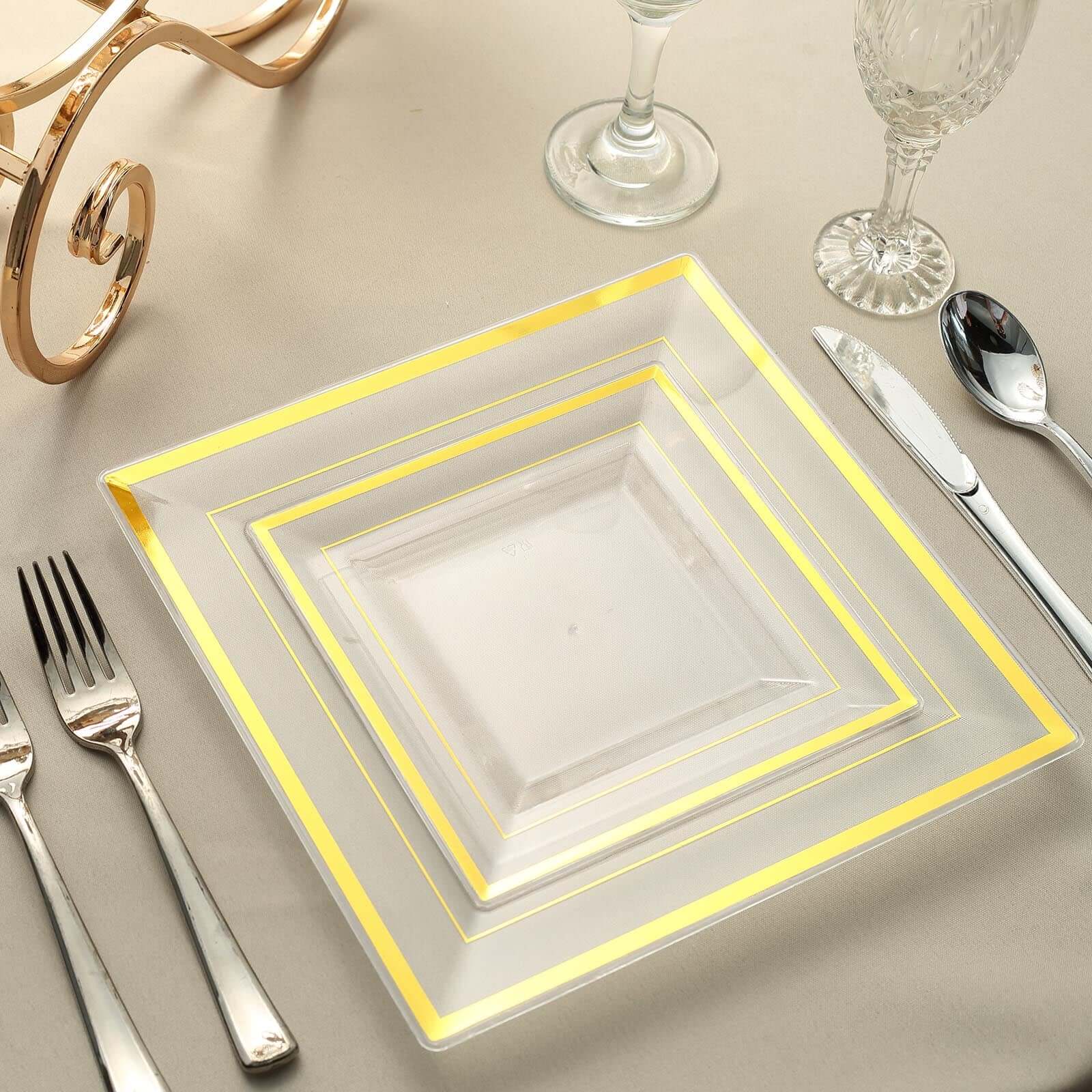 10-Pack Plastic Salad Dessert Plates Clear Square with Gold Trim - Durable Disposable Appetizer Plates 7"