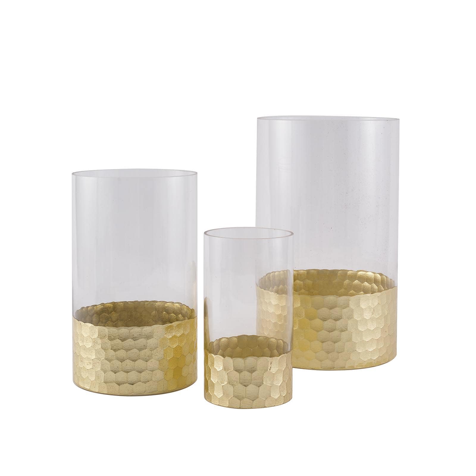 Set of 3 Glass Cylinder Vases Honeycomb Design Clear with Gold Base - Decorative Candle Holder Centerpieces 6", 8", 10"