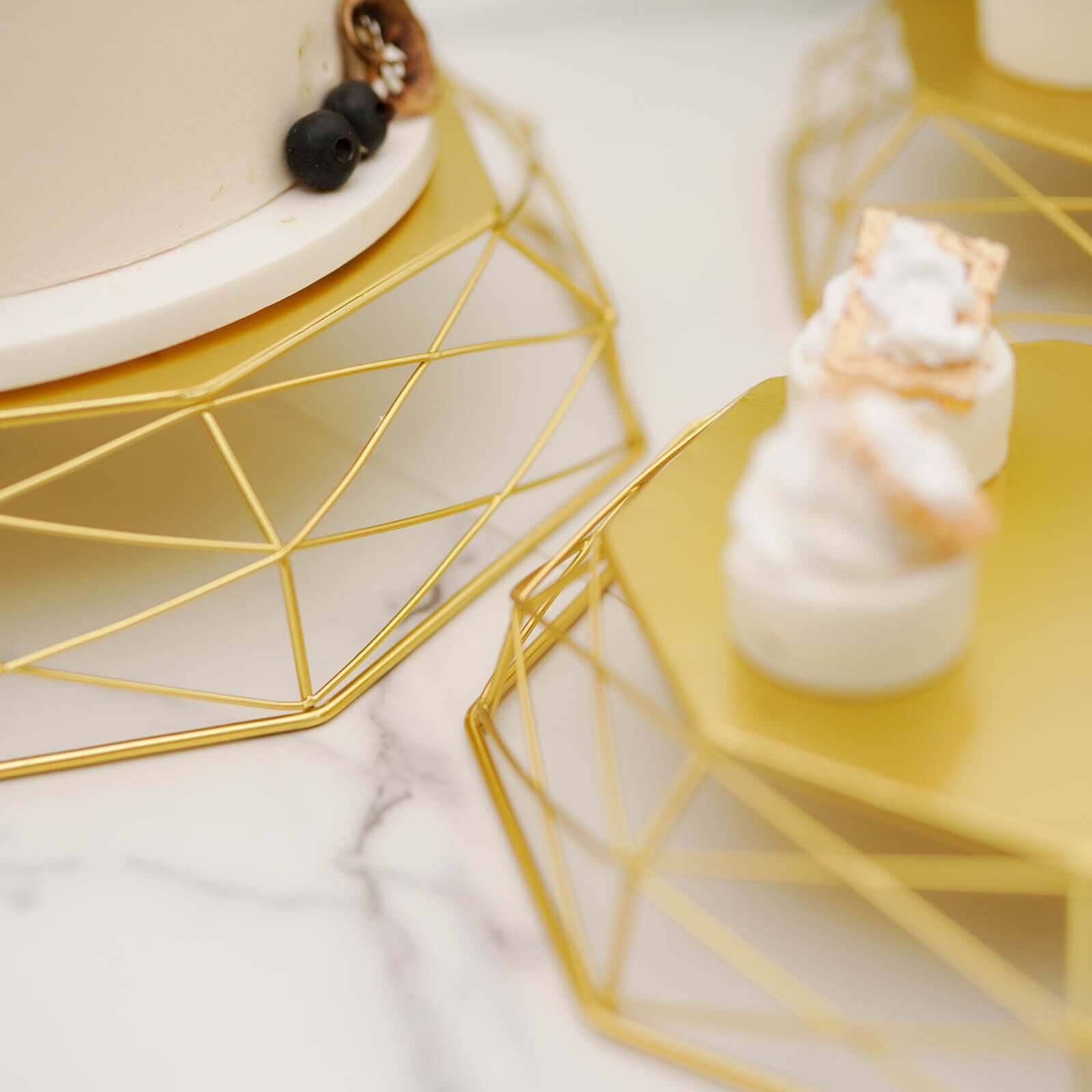 Set of 3 Metal Cake Stands Geometric Reversible Octagon Design Gold - Dessert Display Baskets 7", 9", 11"