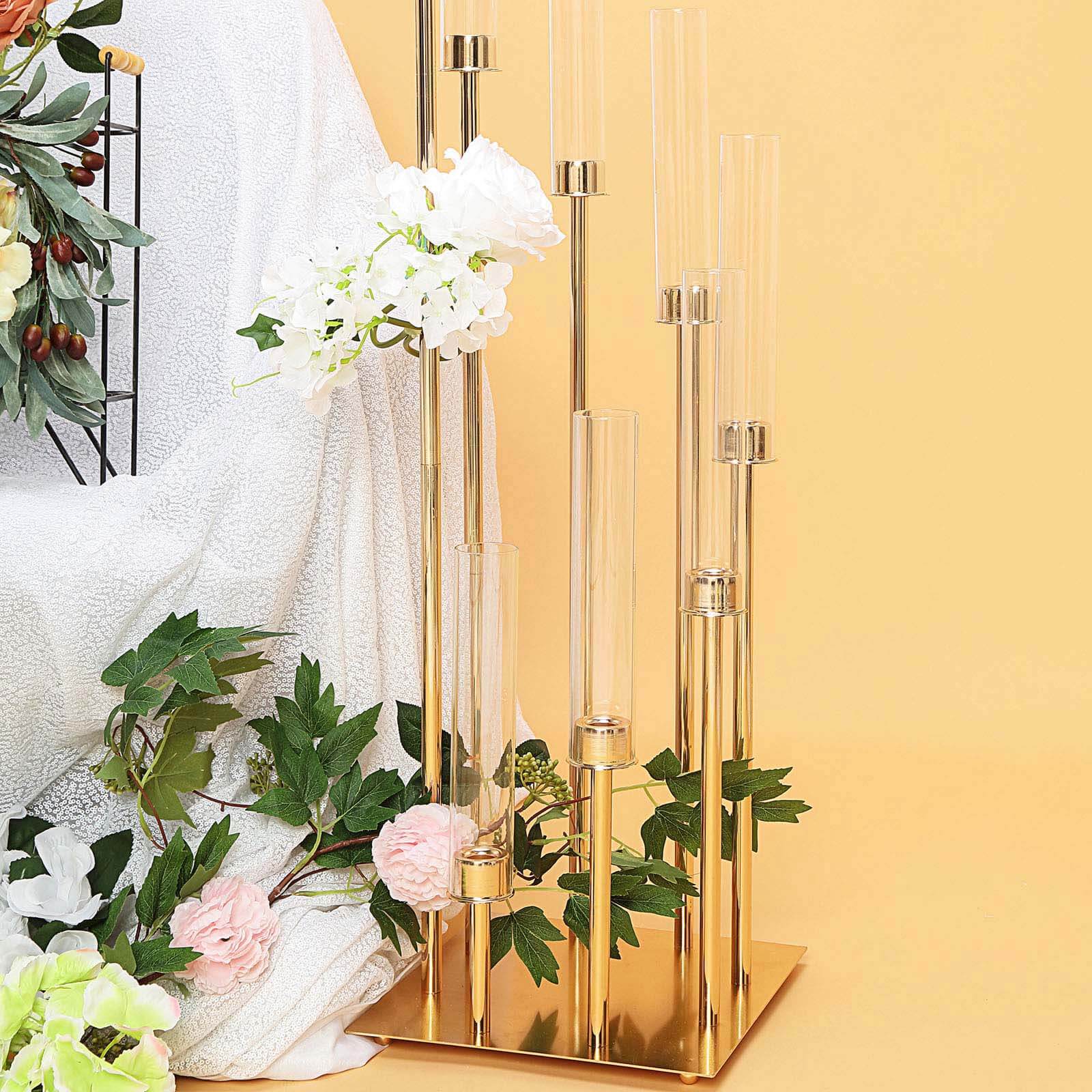 8 Arm Cluster Taper Candle Holder Gold - Stunning Large Candle Arragement With Clear Glass Shades for Grand Banquets & Celebrations 42"