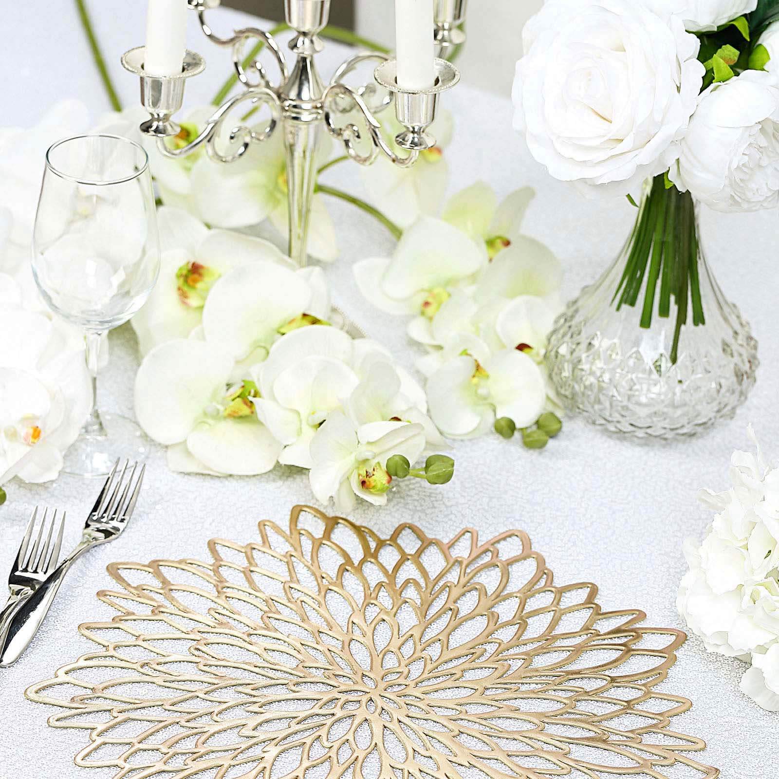 6-Pack Dining Table Mats Floral Design Gold - Metallic Vinyl Round Non-Slip Mats for Tables 15"