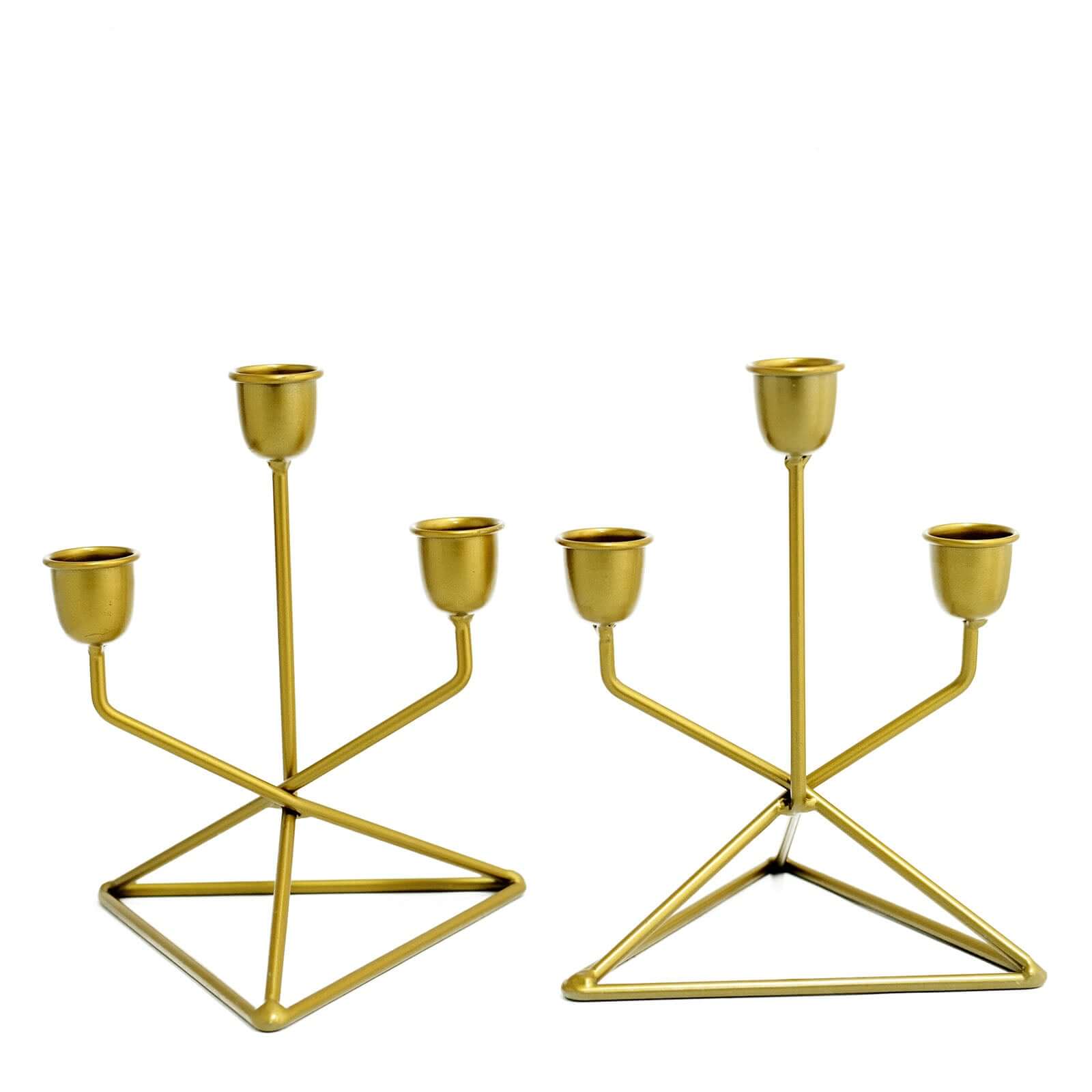 2-Pack Triangle Base Geometric Taper Candelabra 3 Arm Candle Holder Design Gold Metal - Decorative Centerpiece 7"