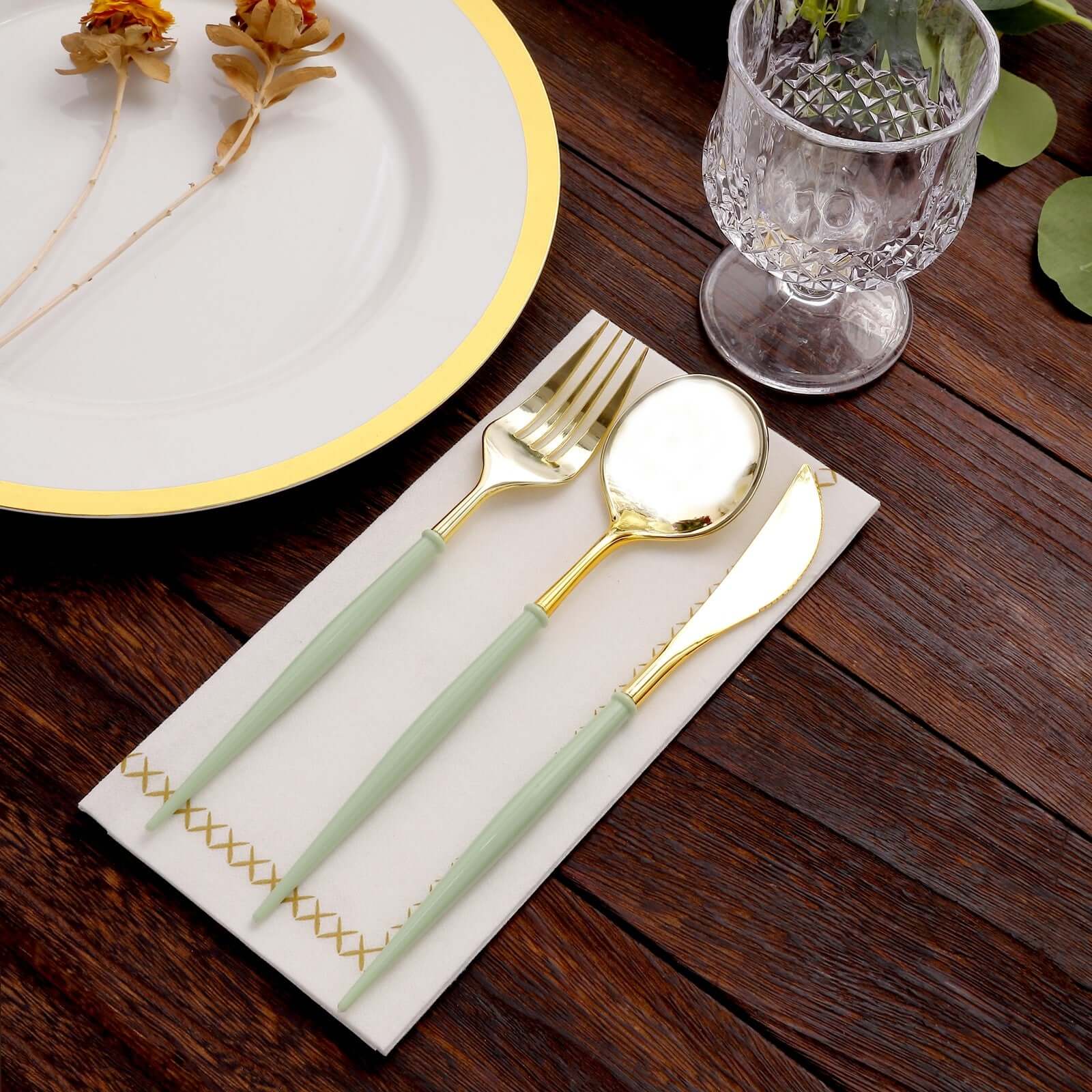24-Pack Plastic Flatware Set in Metallic Gold with Sage Green Handle - Heavy Duty Disposable Modern Silverware 8"