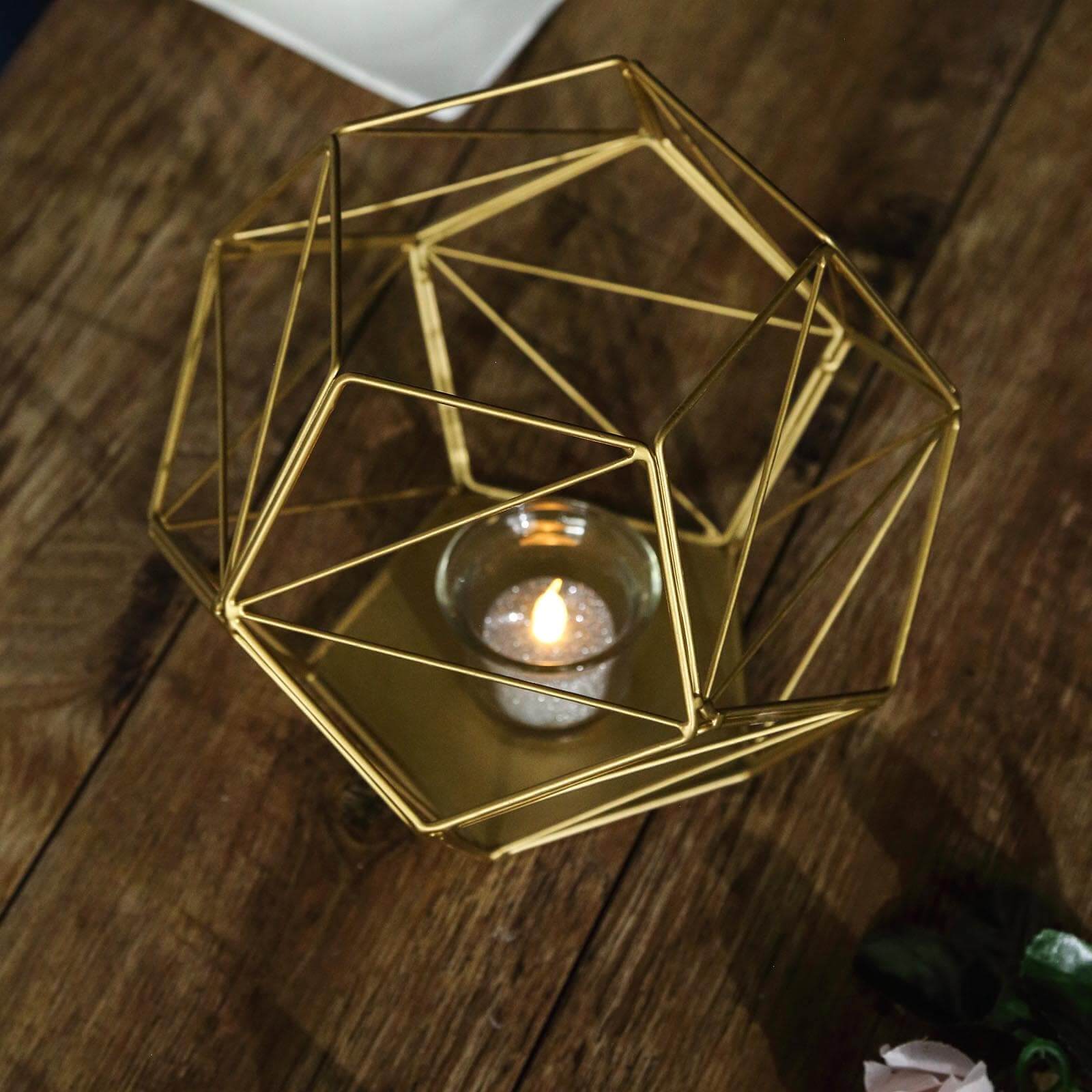 Tealight Candle Holder Gold Metal Pentagon Prism Geometric Open Frame - Flower Stand 7"