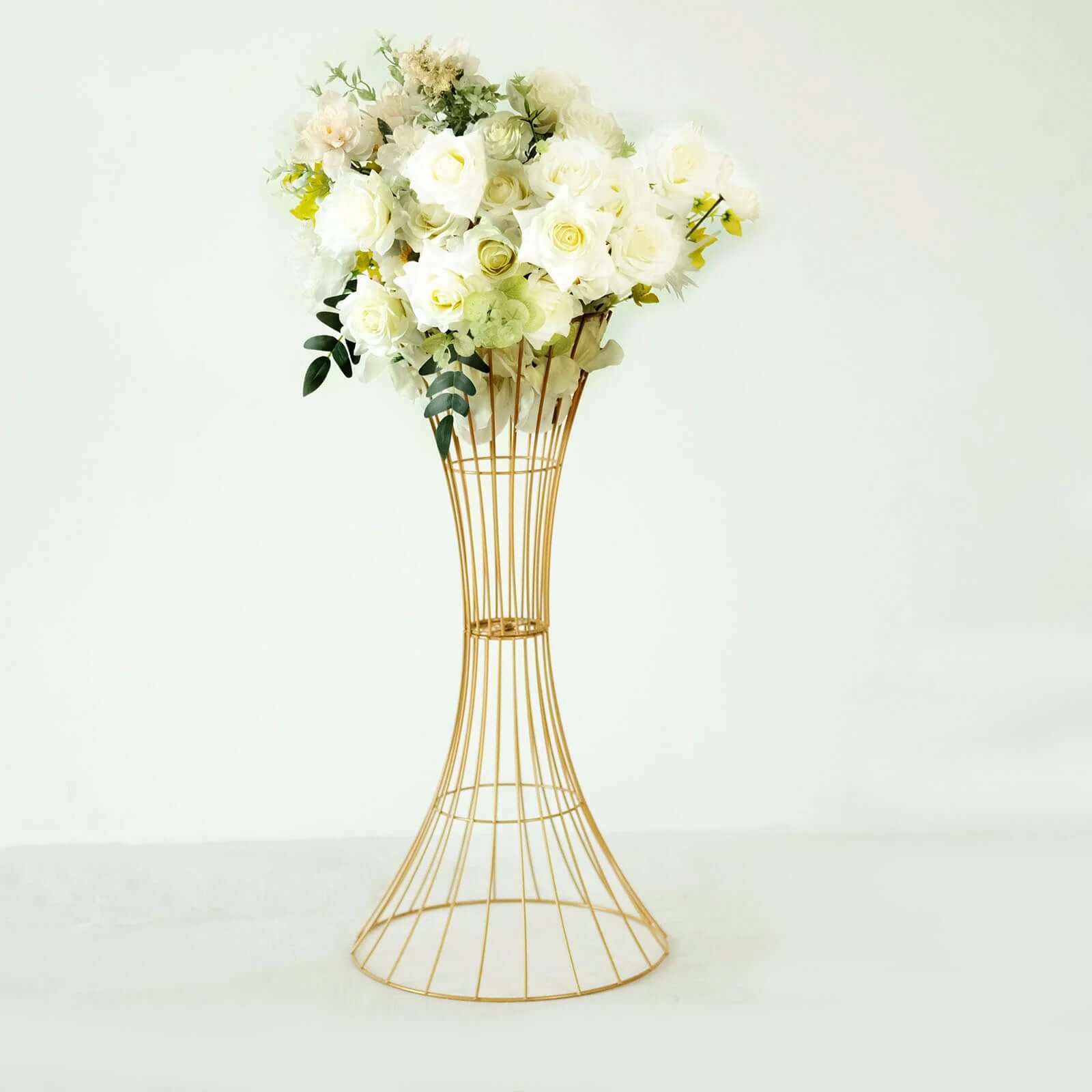 Metal Centerpiece Stand Gold Hourglass Trumpet Shape Design - Flower Open Frame Reversible Pedestal 24"
