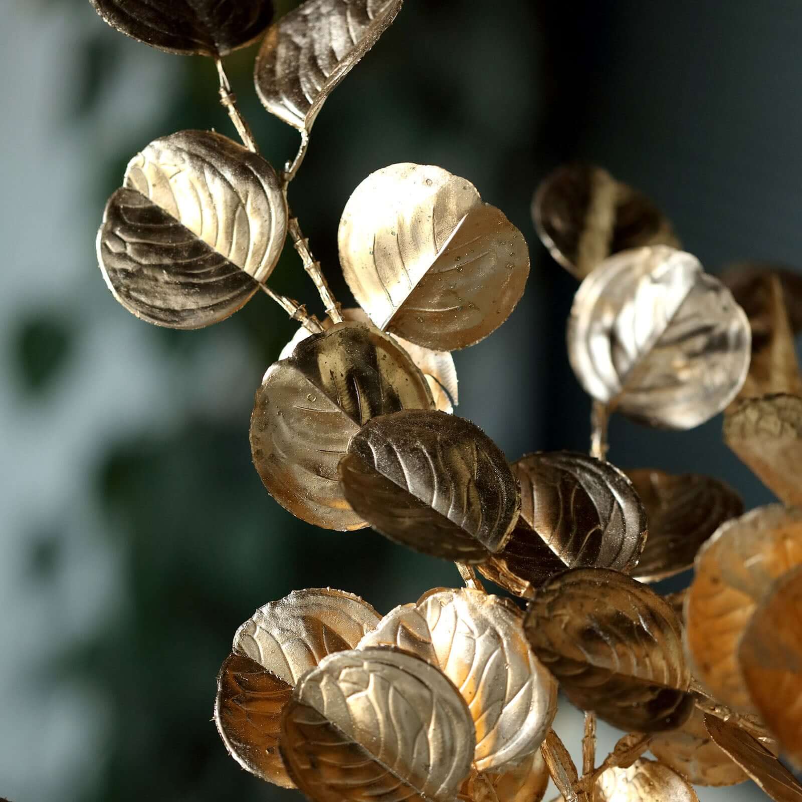2-Pack Artificial Round Eucalyptus Leaf Branches Metallic Gold - Lifelike Faux Stems for Modern Centerpieces & Floral Arrangements 27"