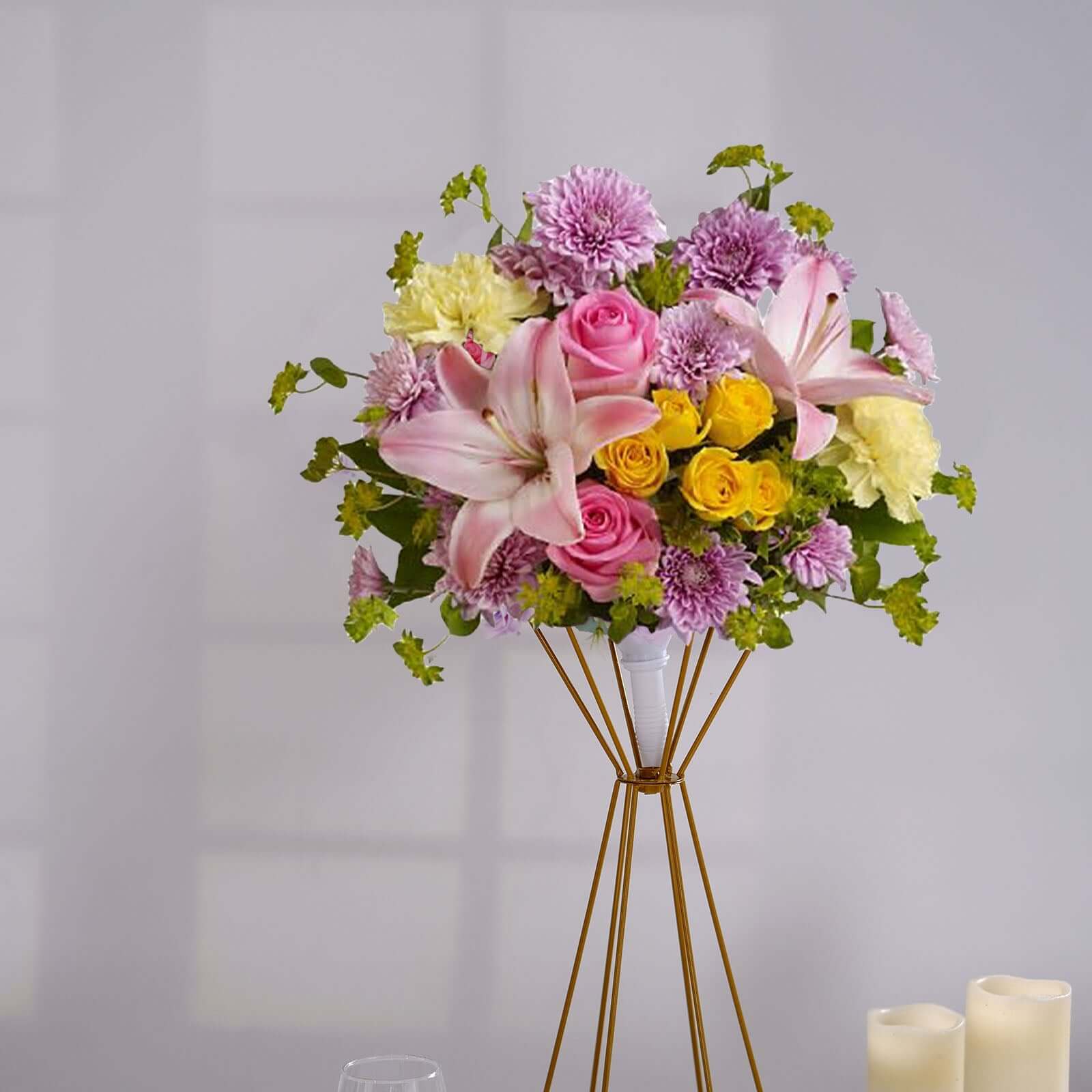 20" Dual Cone Reversible Gold Metal Geometric Flower Stand, Wedding Vase Pedestal, Column Centerpiece