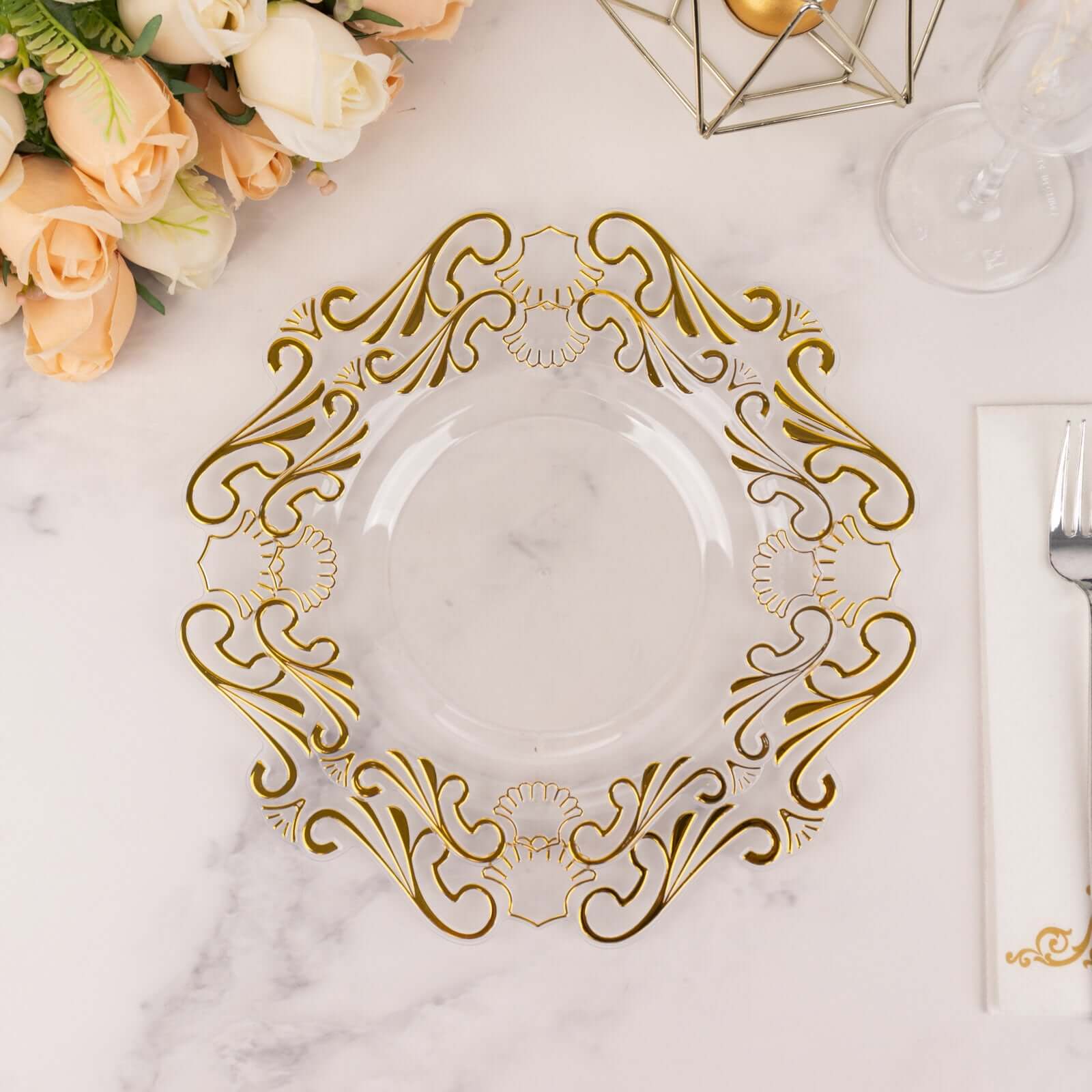 10-Pack Plastic 8" Round Dessert Plates in Clear with Gold Vintage Baroque Scalloped Rim - European Style Disposable Salad Appetizer Plates