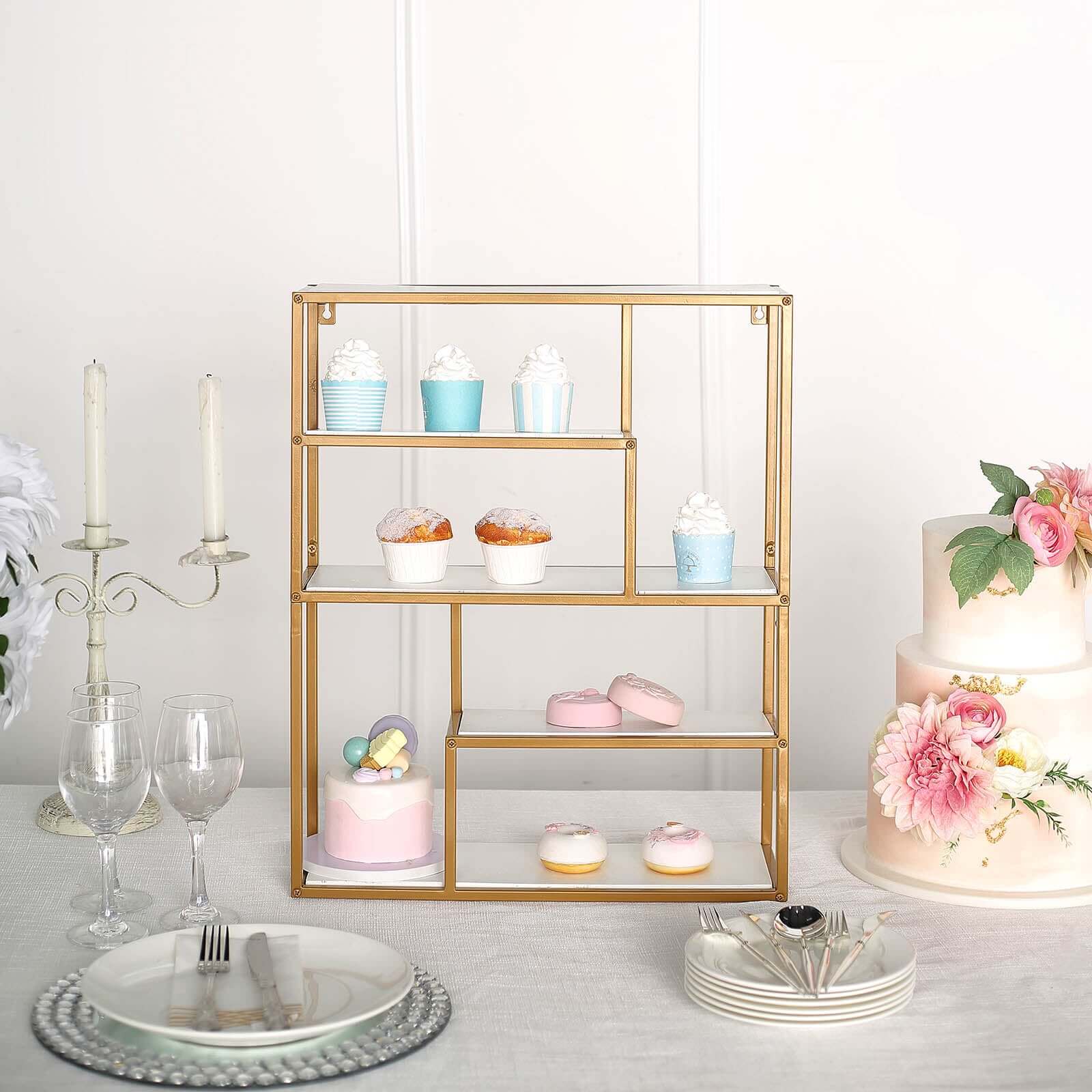 4-Tier Dessert Cupcake Stand Metal Gold with White Wood Panels - Wall Shelf & Book Display Rack 22"
