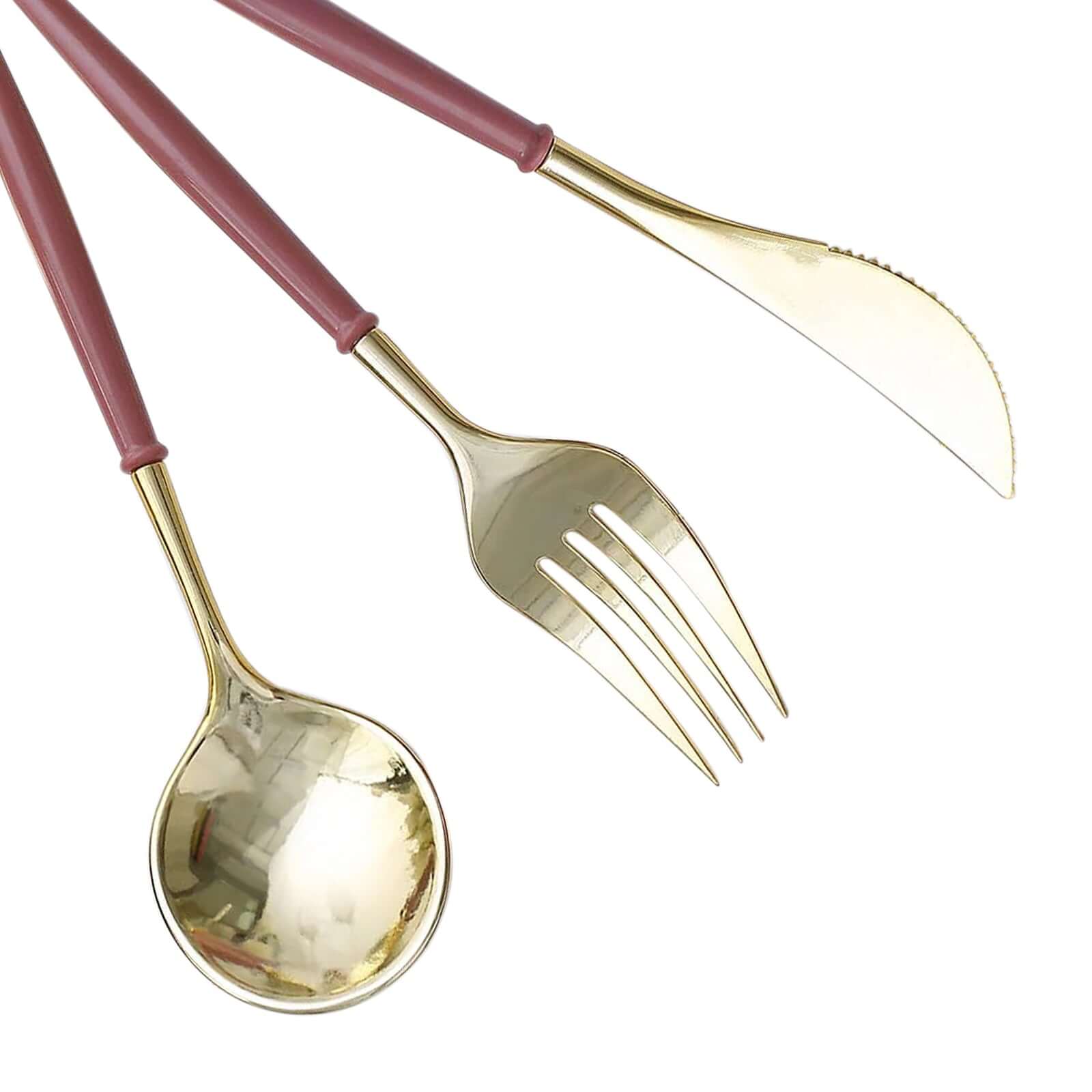 24 Pack 8" Metallic Gold With Cinnamon Rose Disposable Silverware Set, Modern Premium Plastic Utensil Set
