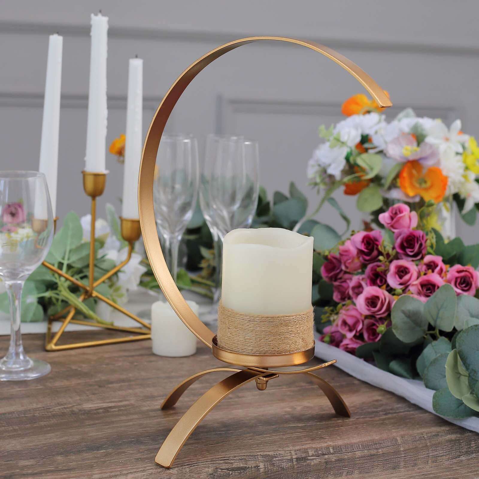 Moon Shaped Tealight Hurricane Candle Holder Gold Metal - Decorative Centerpiece Design 13"