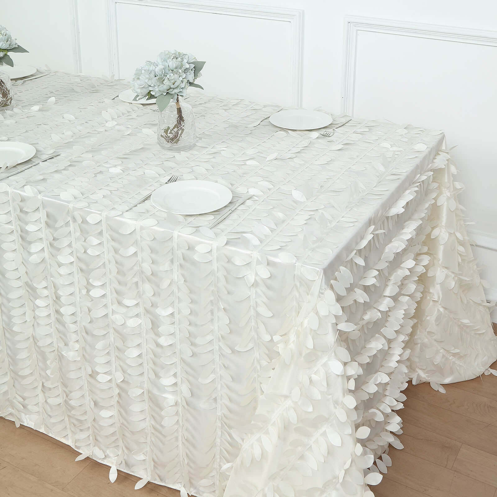 Taffeta 90"x132" Rectangle Tablecloth Ivory | 3D Leaf Petal Design Seamless Table Cover