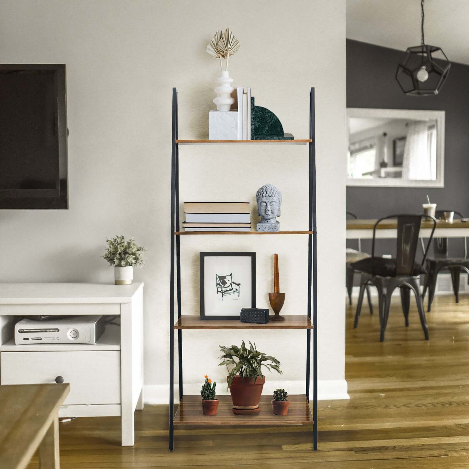 5ft 4-Tier Metal Leaning Ladder Bookshelf Stand With Natural Wood Racks for Events
