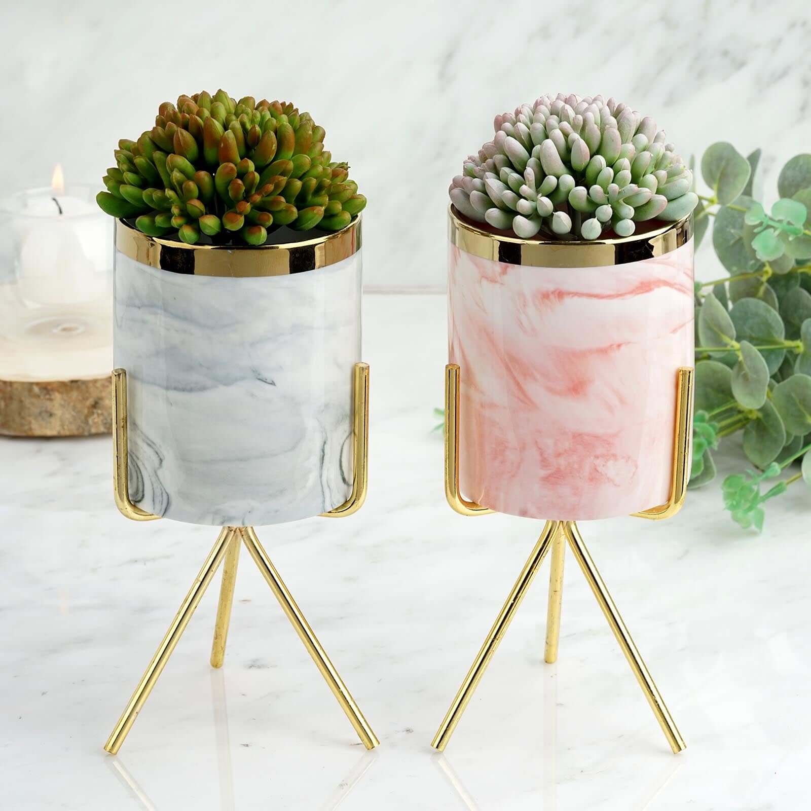 8" Gold Rimmed Marble Ceramic Vase Planter Pot With Gold Metal Stand