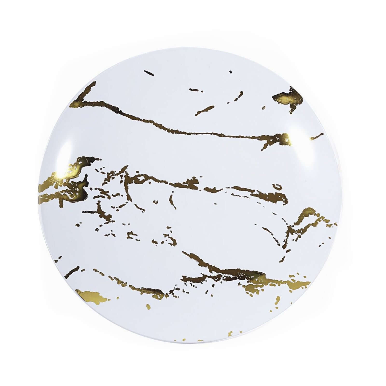 10-Pack Plastic 8" Round Dessert Plates in White with Gold Marble Print - Disposable Appetizer/Salad Plates for Chic Banquets & Special Occasions
