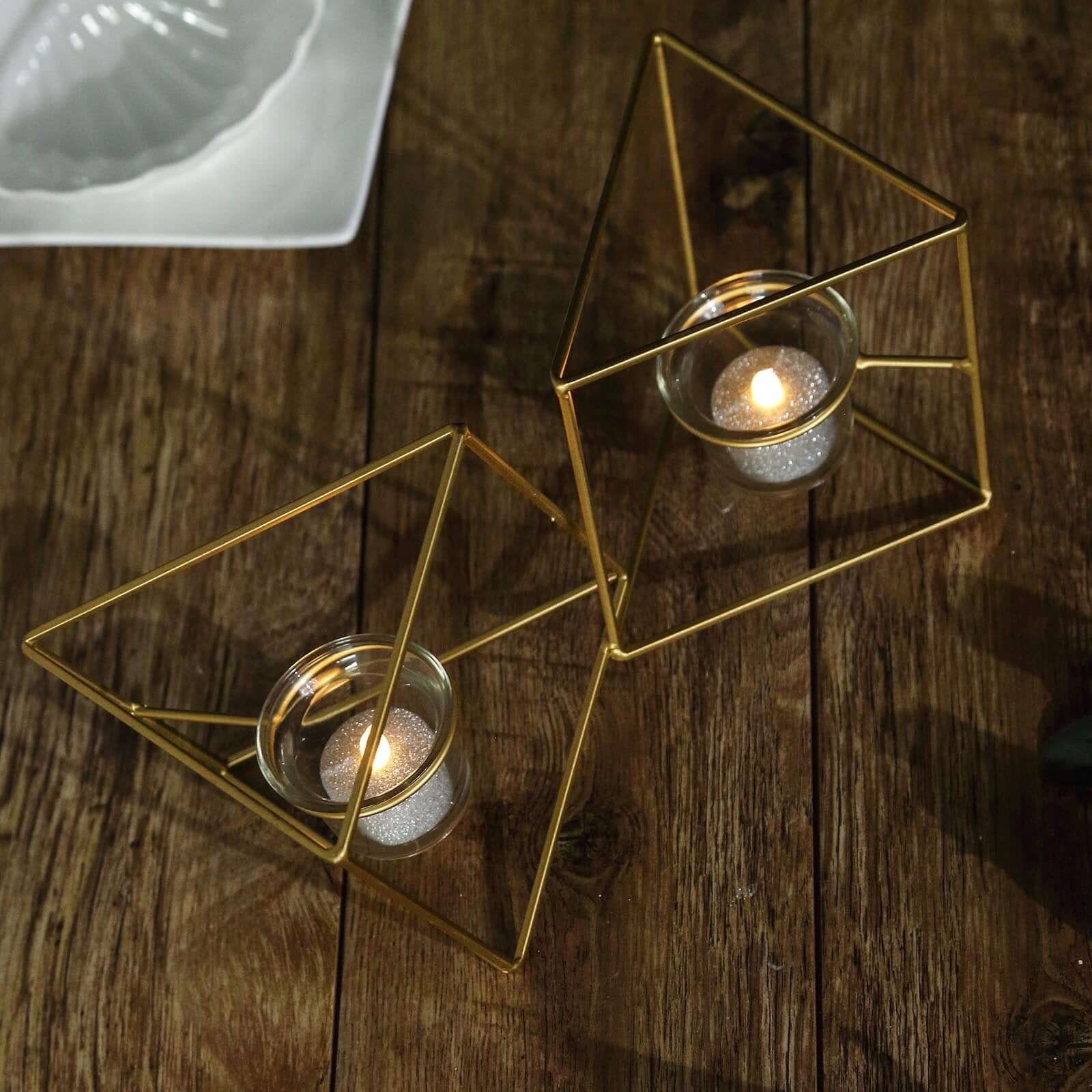 Set of Metal Candle Holders Linked Geometric Design Gold - Chic Votive Glass Decor for Events & Gatherings 9"