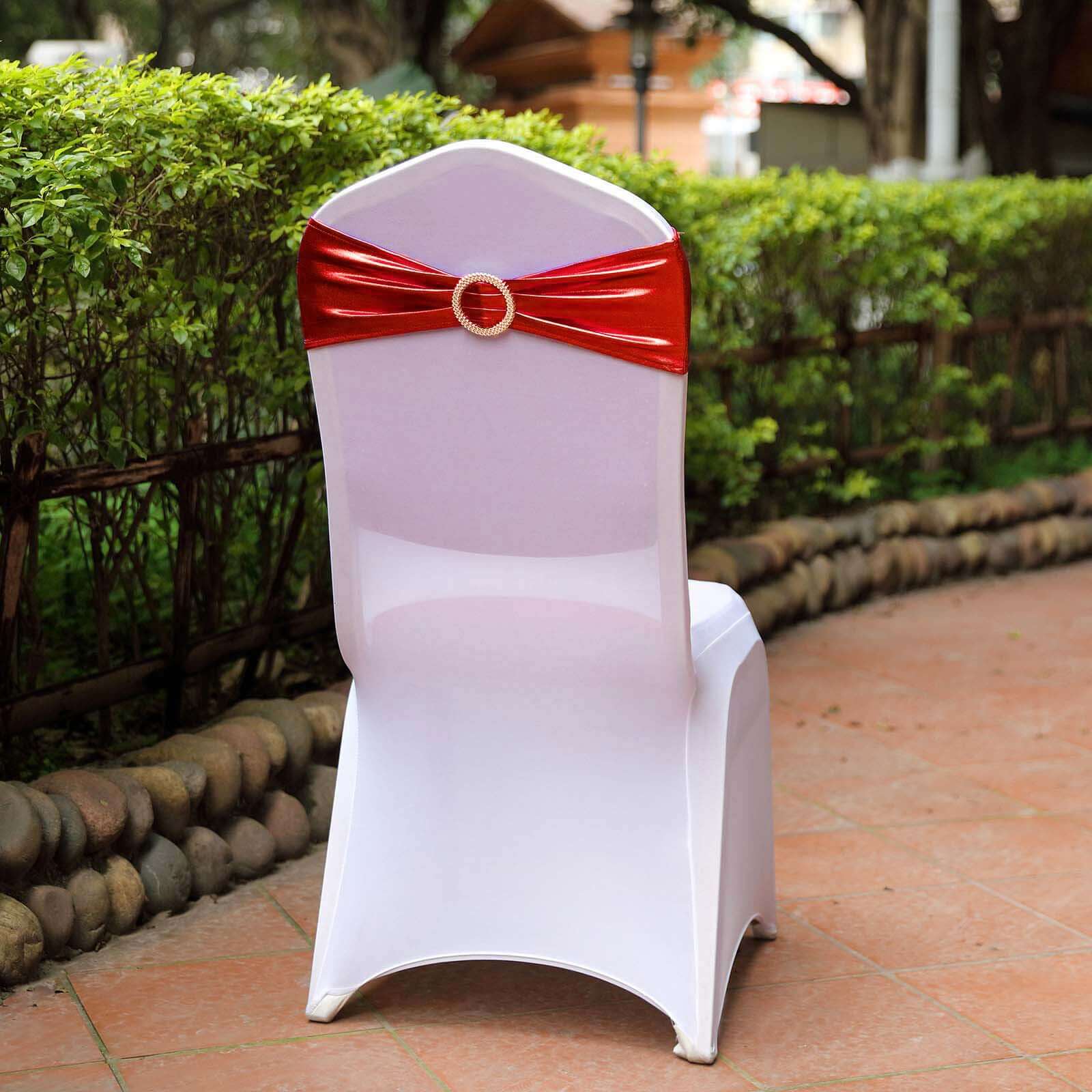 5 Pack Metallic Spandex Chair Sashes Red - Stretch Fit Chair Bands With Round Diamond Buckles