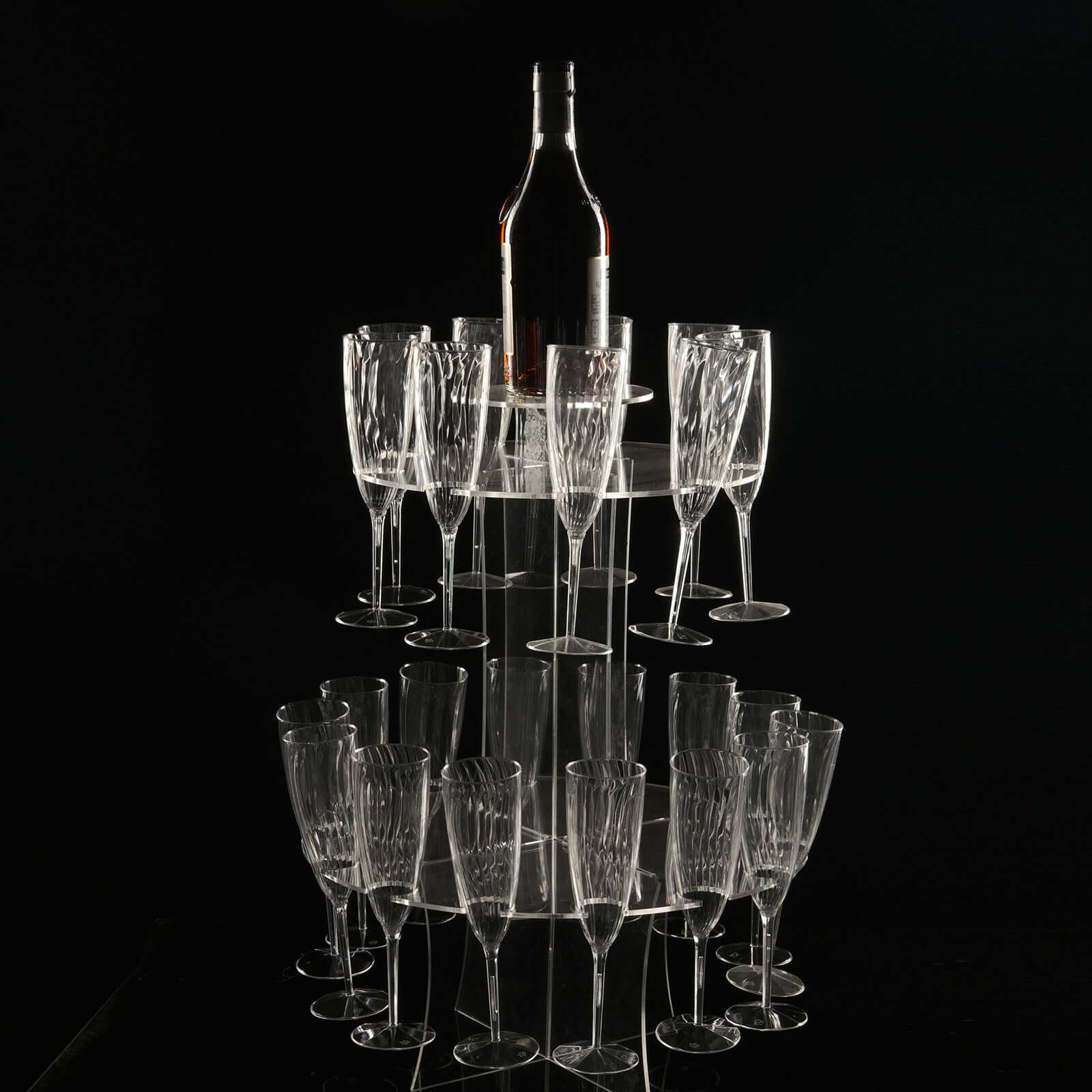 3-Tier Round Champagne Glass Holder Tower Clear Acrylic - Flute Display Rack Cocktail Tree Stand Holds 23 Stemware + 1 Bottle for Professional & Home Use 21"
