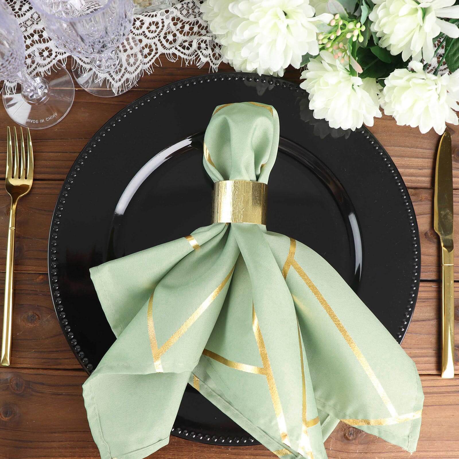 5 Pack Polyester 20"x20" Napkins Sage Green with Gold Geometric Foil Pattern - Modern Reusable Dinner Napkins