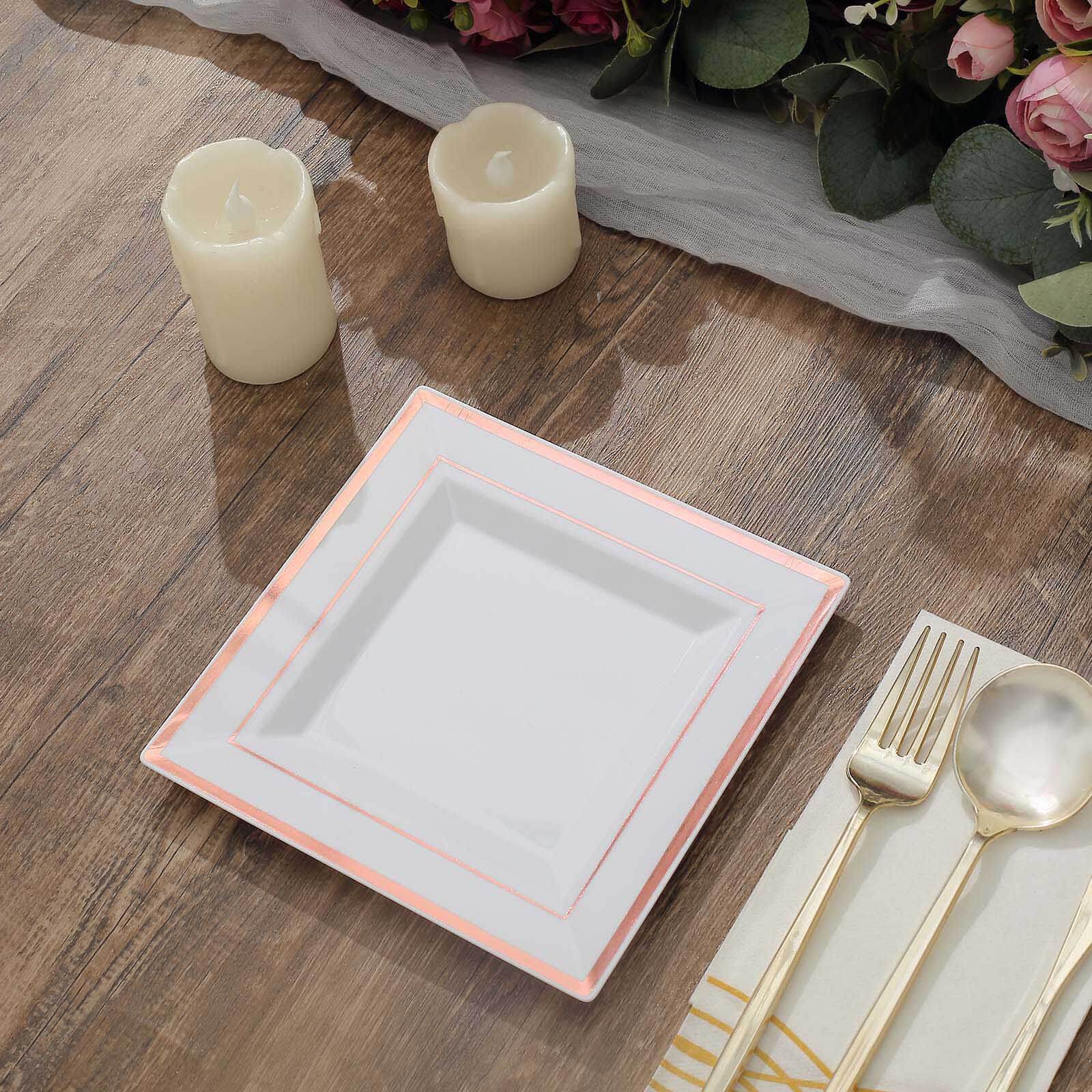 10-Pack Plastic Salad Dessert Plates White Square with Rose Gold Trim - Durable Disposable Appetizer Plates 7"
