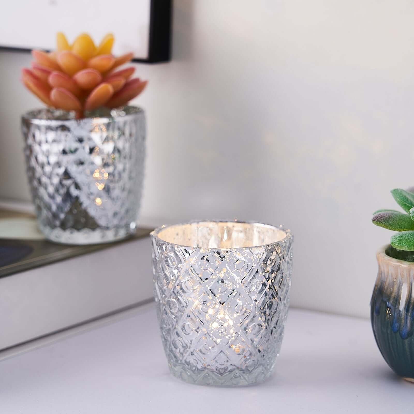 6-Pack Mercury Glass Votive Candle Holders Metallic Silver with Assorted Geometric Designs - Tealight Holders 3"