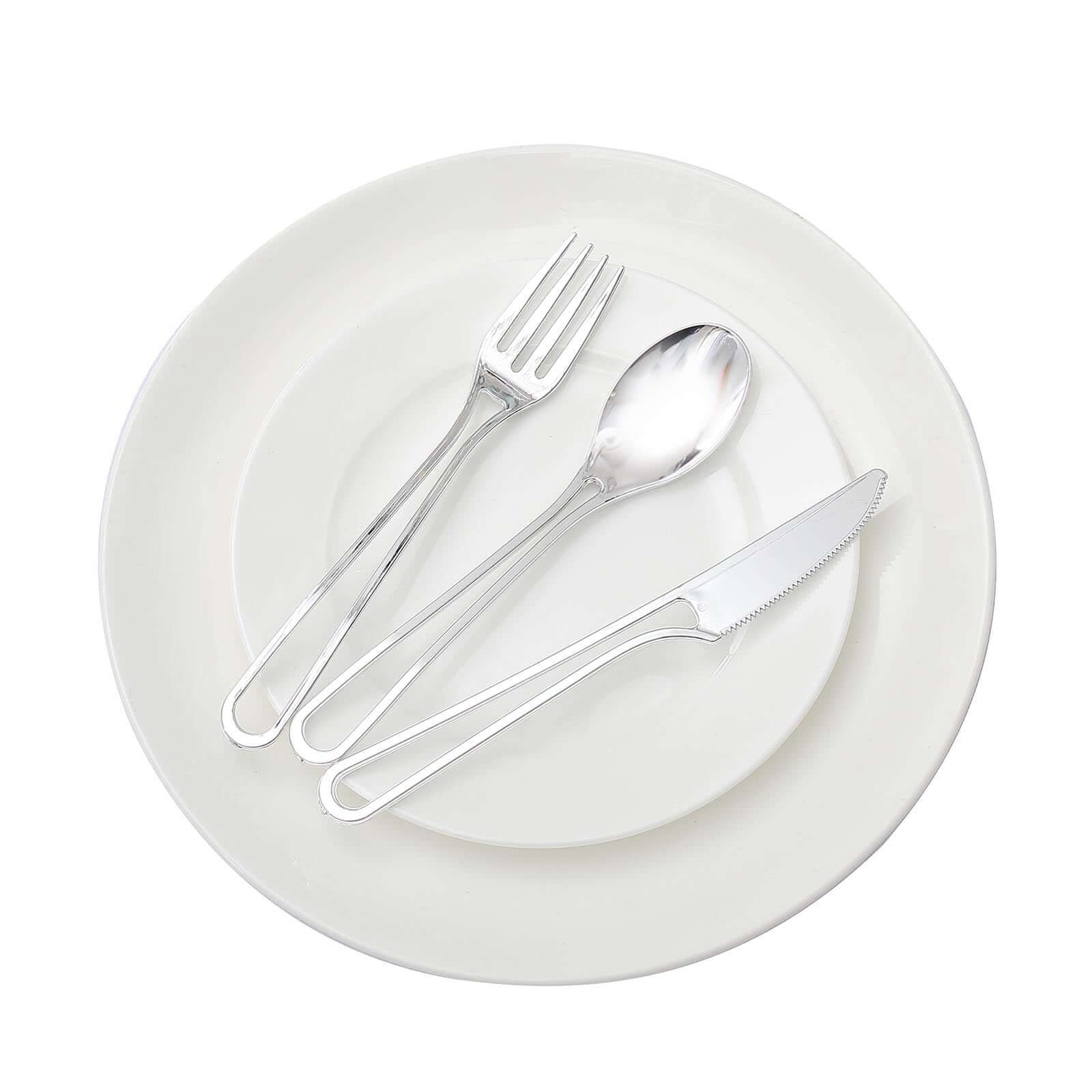24-Pack Plastic Utensil Set with Modern Hollow Handle Design Silver - Disposable Silverware 7"