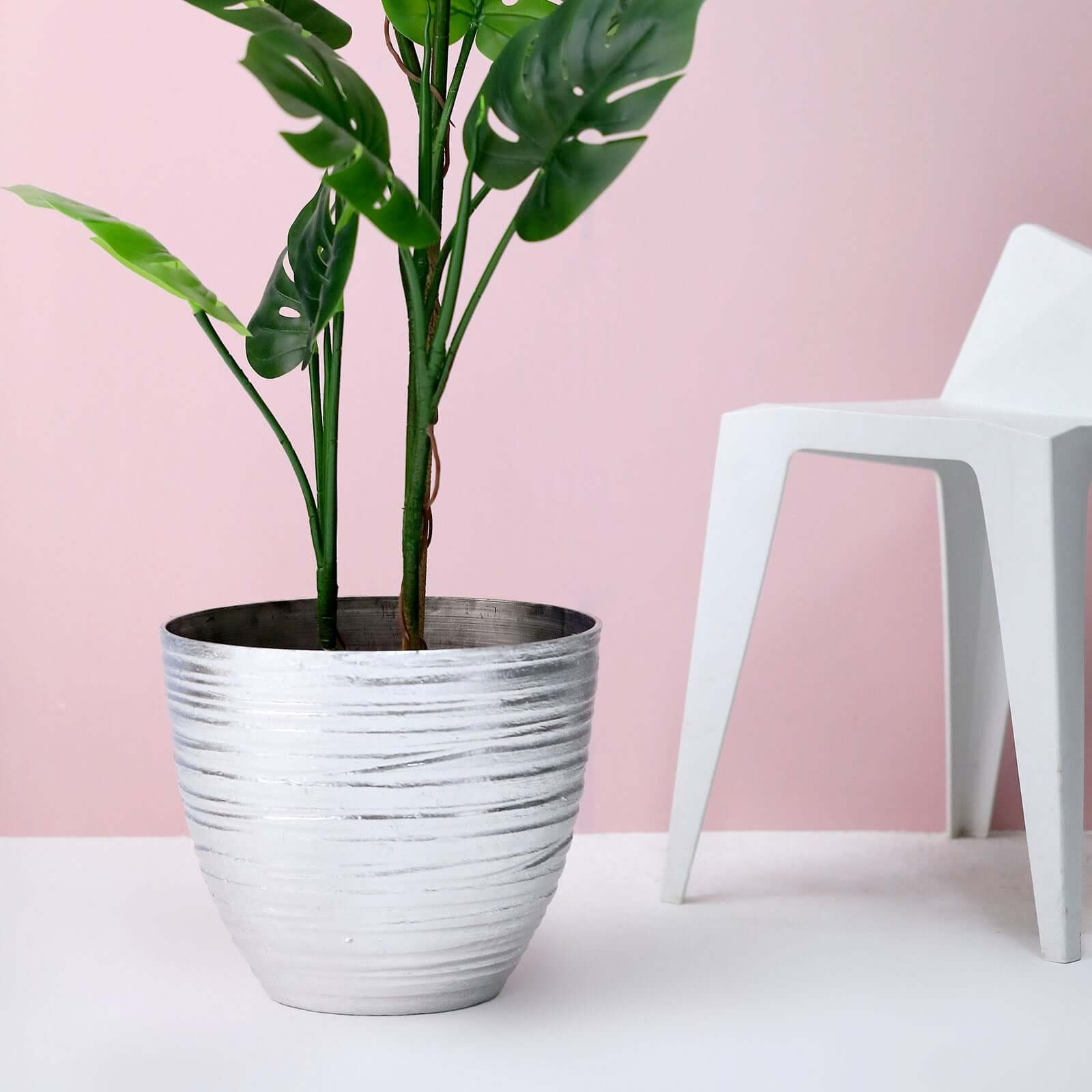 12" Metallic Silver Textured Finish Large Indoor Flower Plant Pot, Decorative Indoor Outdoor Planter