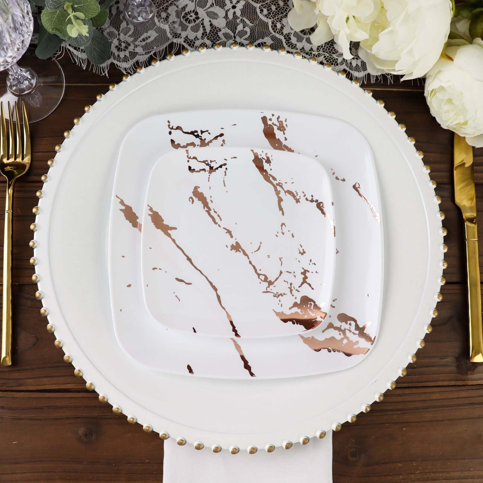 10-Pack Plastic 8" Square Dessert Plates in White with Rose Gold Marble Design - Disposable Appetizer Salad Party Plates