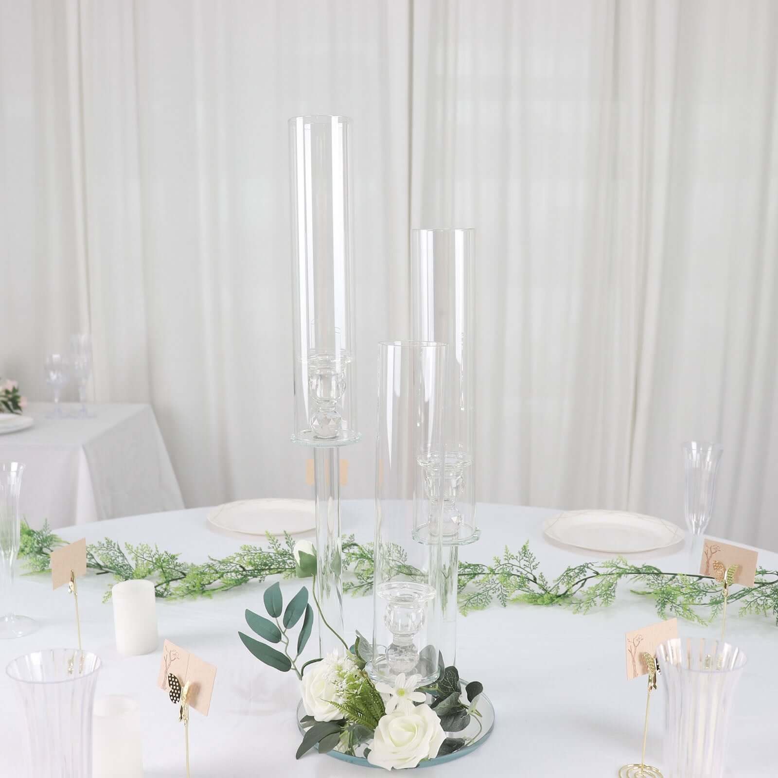 3-Arm Round Crystal Glass Candelabra Clear Taper Design - Sophisticated Pillar Candle Holder Table Centerpiece for Weddings 23"