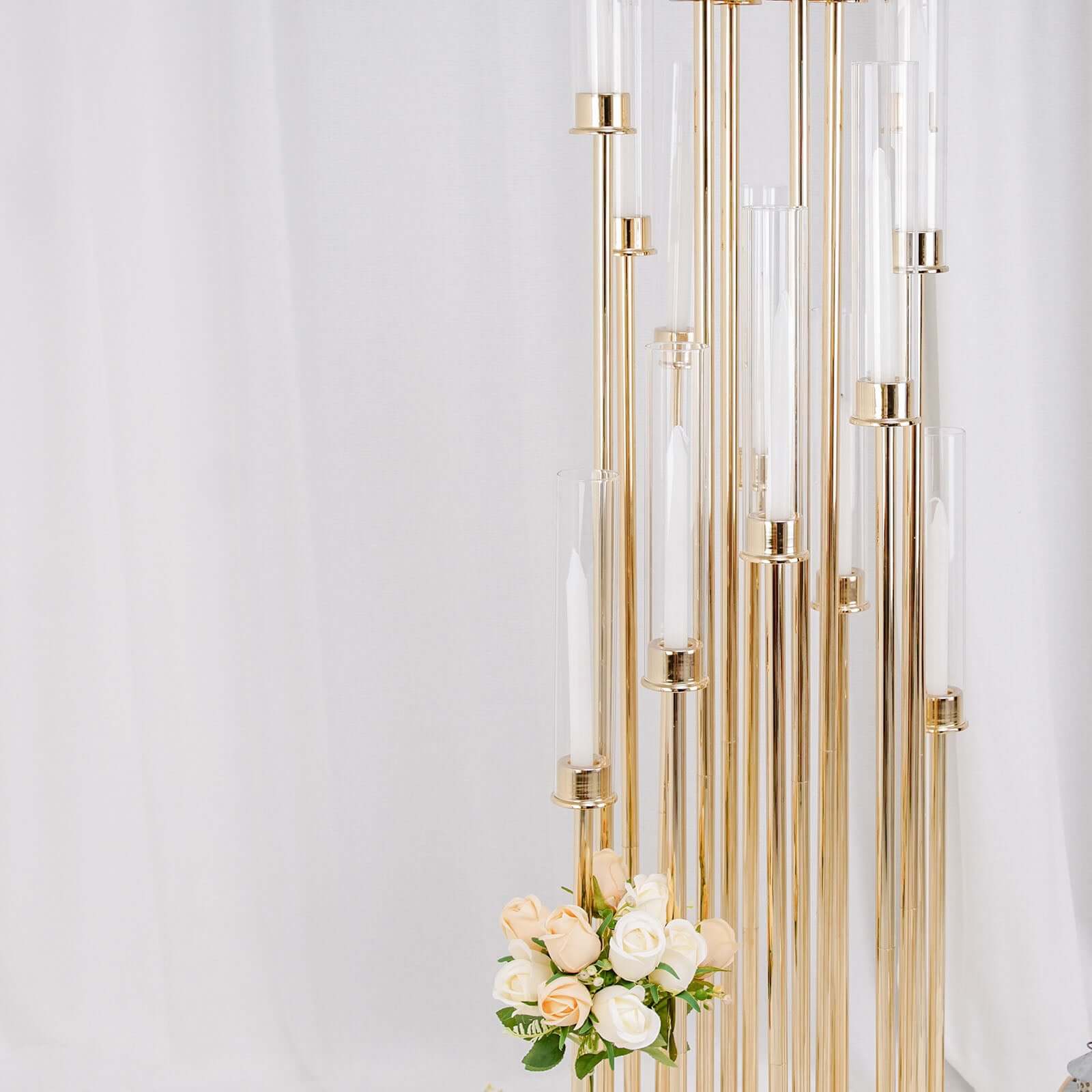 16-Arm Cluster Taper Candle Holder Gold with Clear Glass Shades - Stunning Large Candle Display for Venues 78"