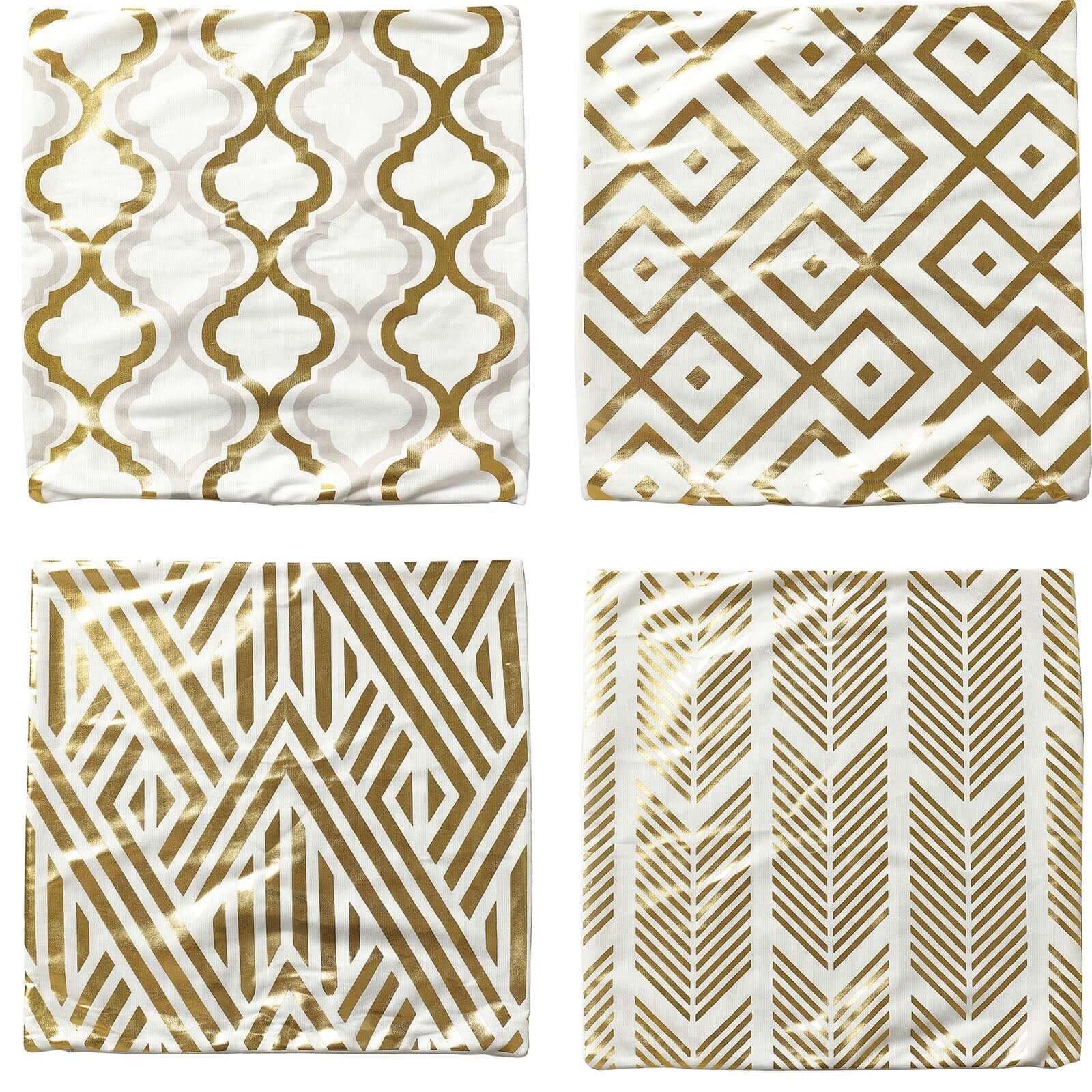 Set Of 4 18" White Gold Foil Geometric Print Throw Pillow Covers, Velvet Square Sofa Cushion Covers