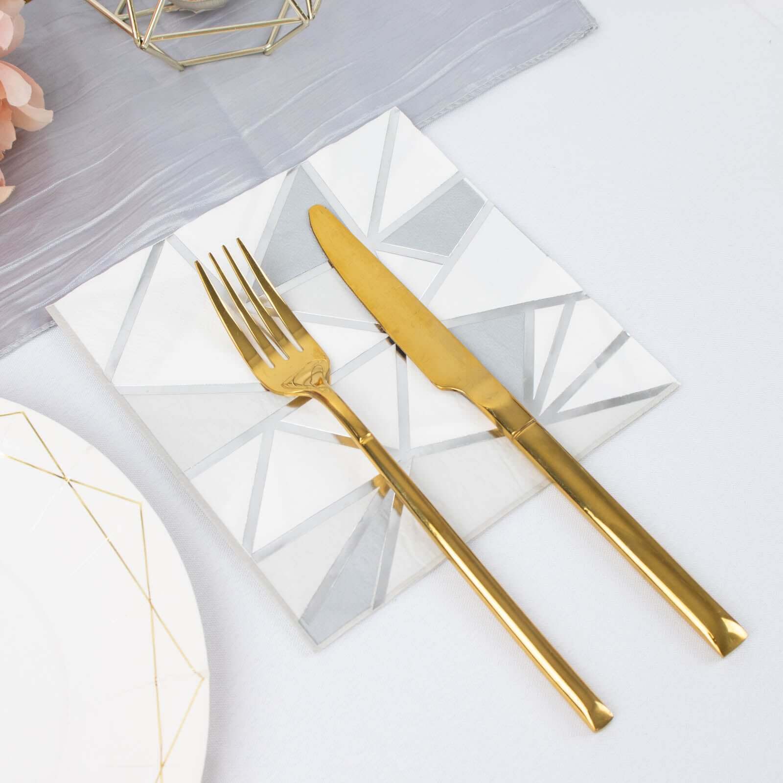 20-Pack Paper Party Napkins with Geometric Silver Foil Print - 2 Ply Soft Disposable Beverage Napkins for Weddings 6.5"x6.5"