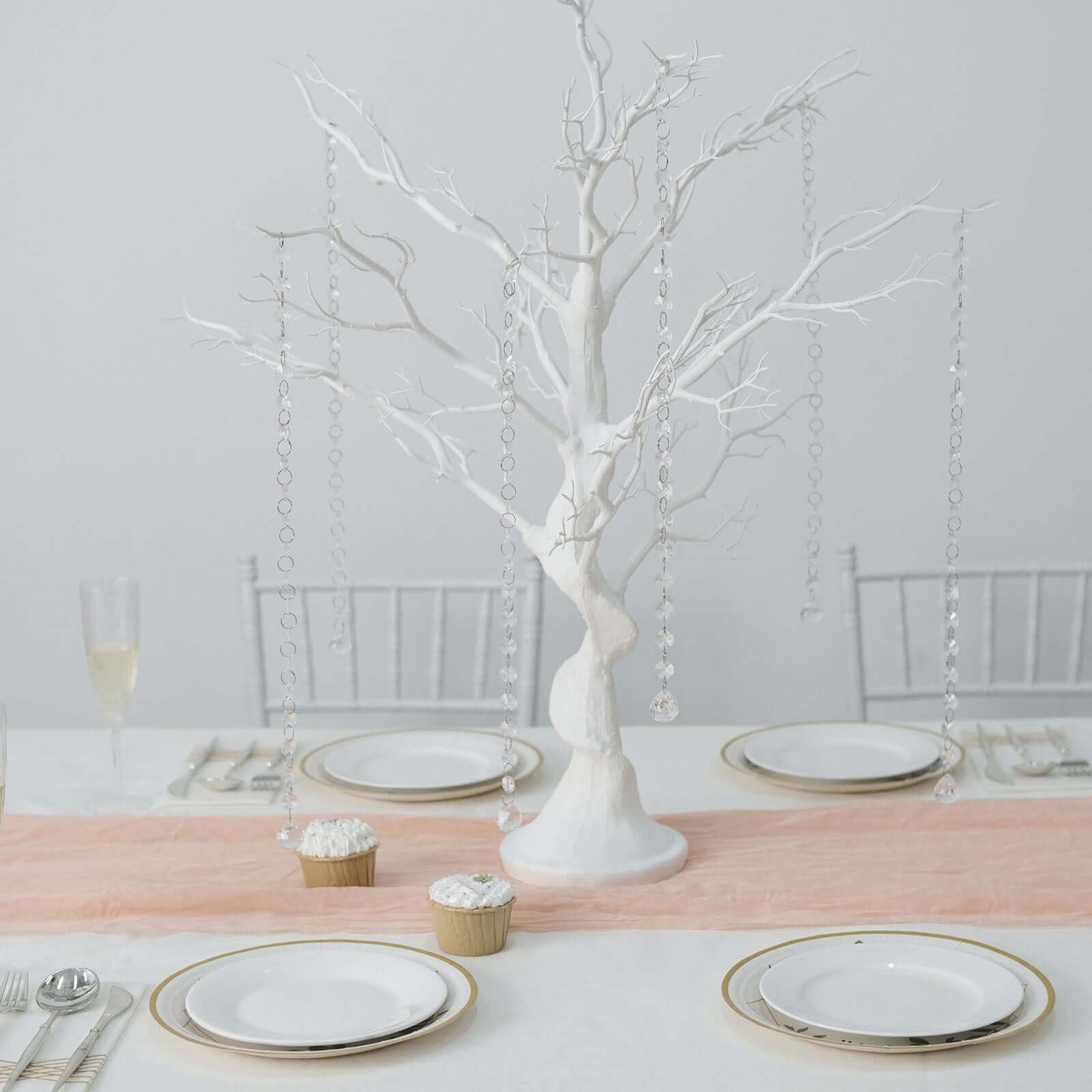 Manzanita Tree Centerpiece White with 8 Acrylic Bead Chains - Easy Assembly Decorative Artificial Tree for Modern Weddings Parties & Event Displays 34"