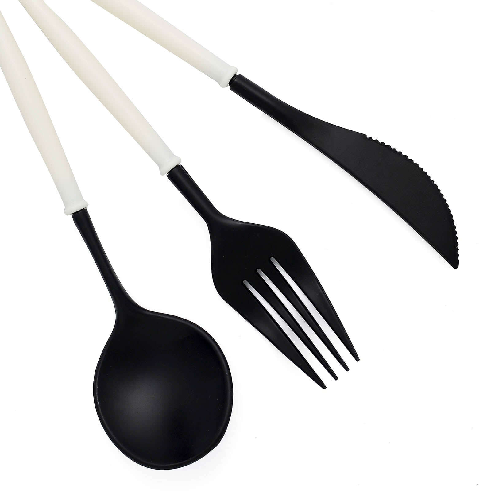 24-Pack Plastic Flatware Set in Black with Ivory Handle - Heavy Duty Disposable Modern Silverware 8"