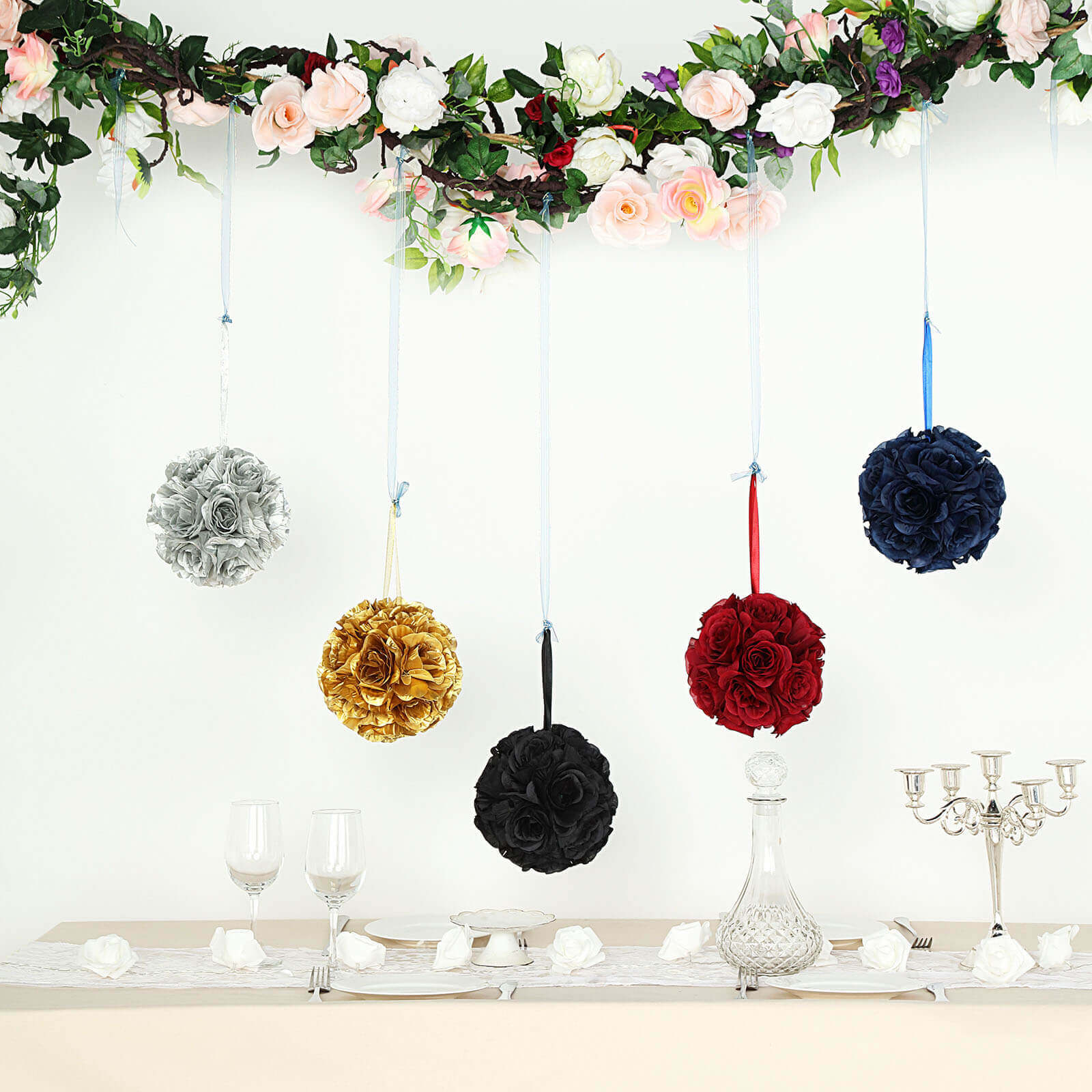 2 Pack 7" Black Artificial Silk Rose Kissing Ball, Faux Flower Ball