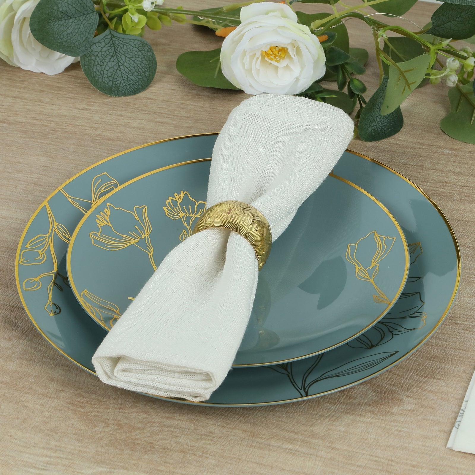 Set of 20 Dusty Blue Plastic Dinner Dessert Plates With Metallic Gold Floral Design, Disposable Round Party Plates - 8",10"