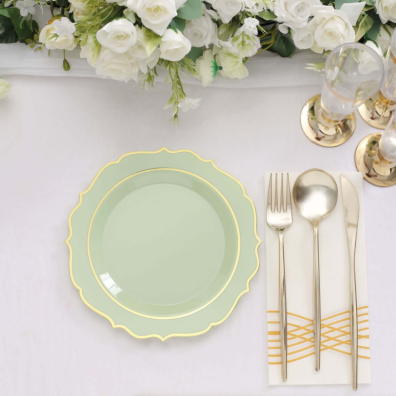 10-Pack Plastic 8" Round Desert Plates in Sage Green with Gold Scalloped Rim - Disposable Appetizer/Salad Plates