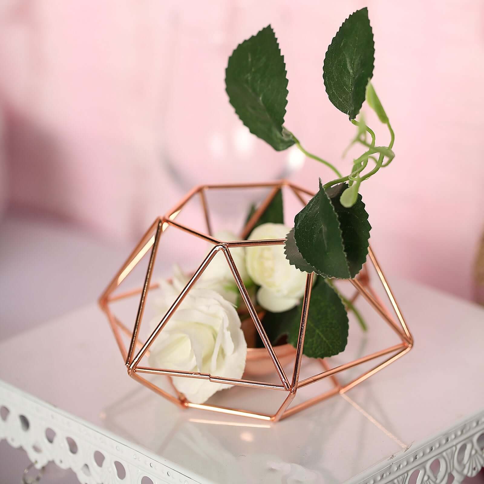 Set of 2 Candle Holders Metal Hexagon Geometric Design Rose Gold - Modern Decorative Centerpieces for Tables 4"x3"
