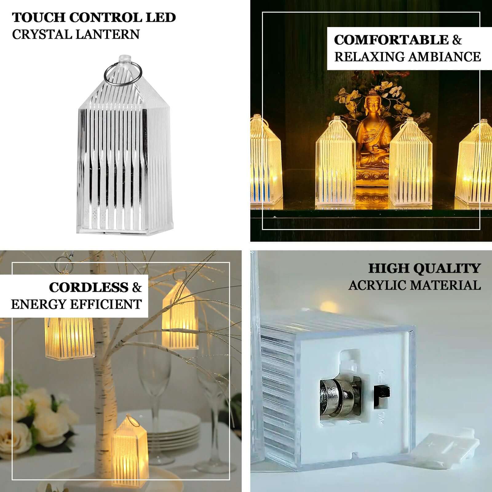 6-Pack Acrylic LED Lanterns Hanging Warm White Design - Decorative Dimmable Battery Operated Centerpiece 3.5"