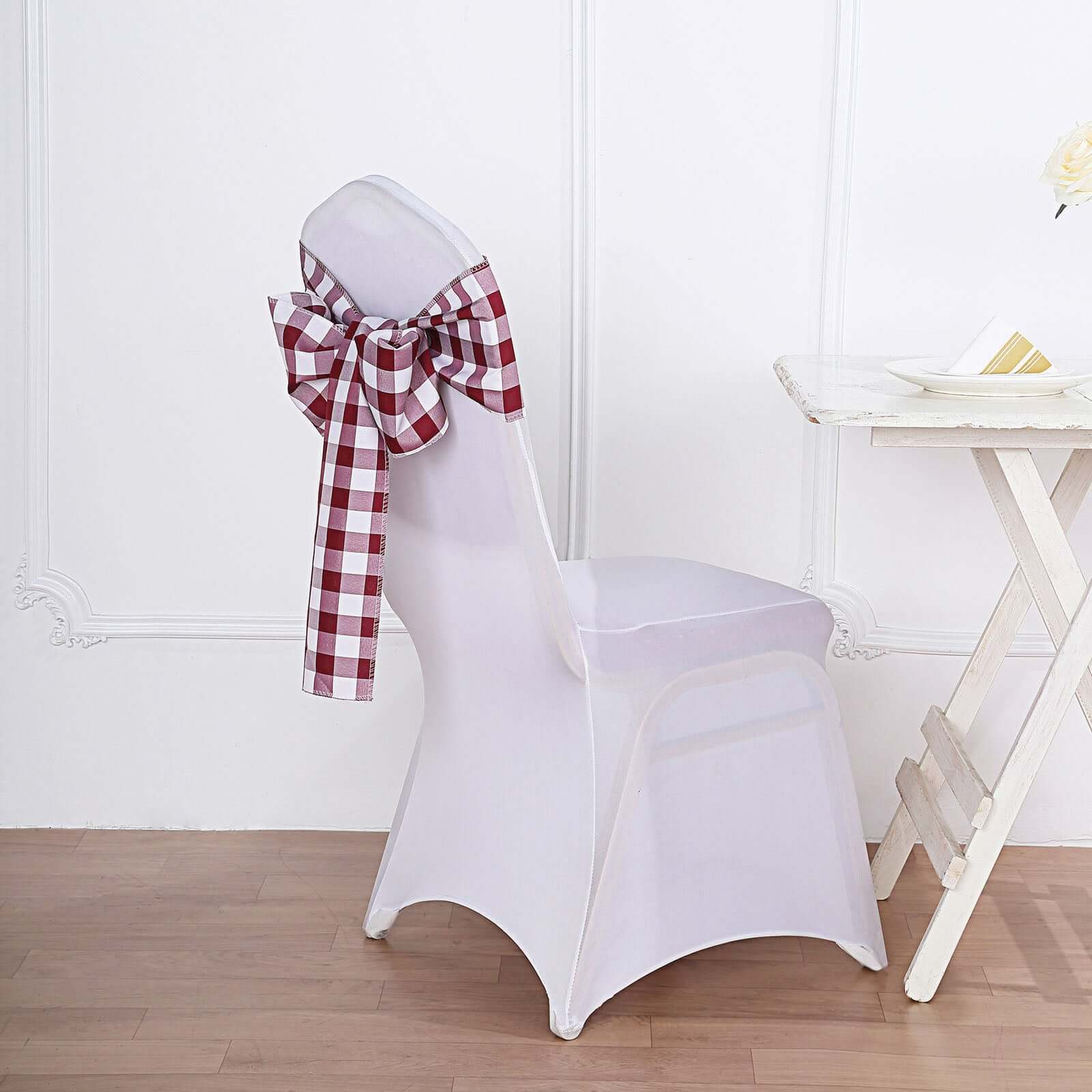 5 Pack Polyester Chair Sashes Burgundy/White Buffalo Plaid - Durable & Reusable Chair Bows 6"x108"