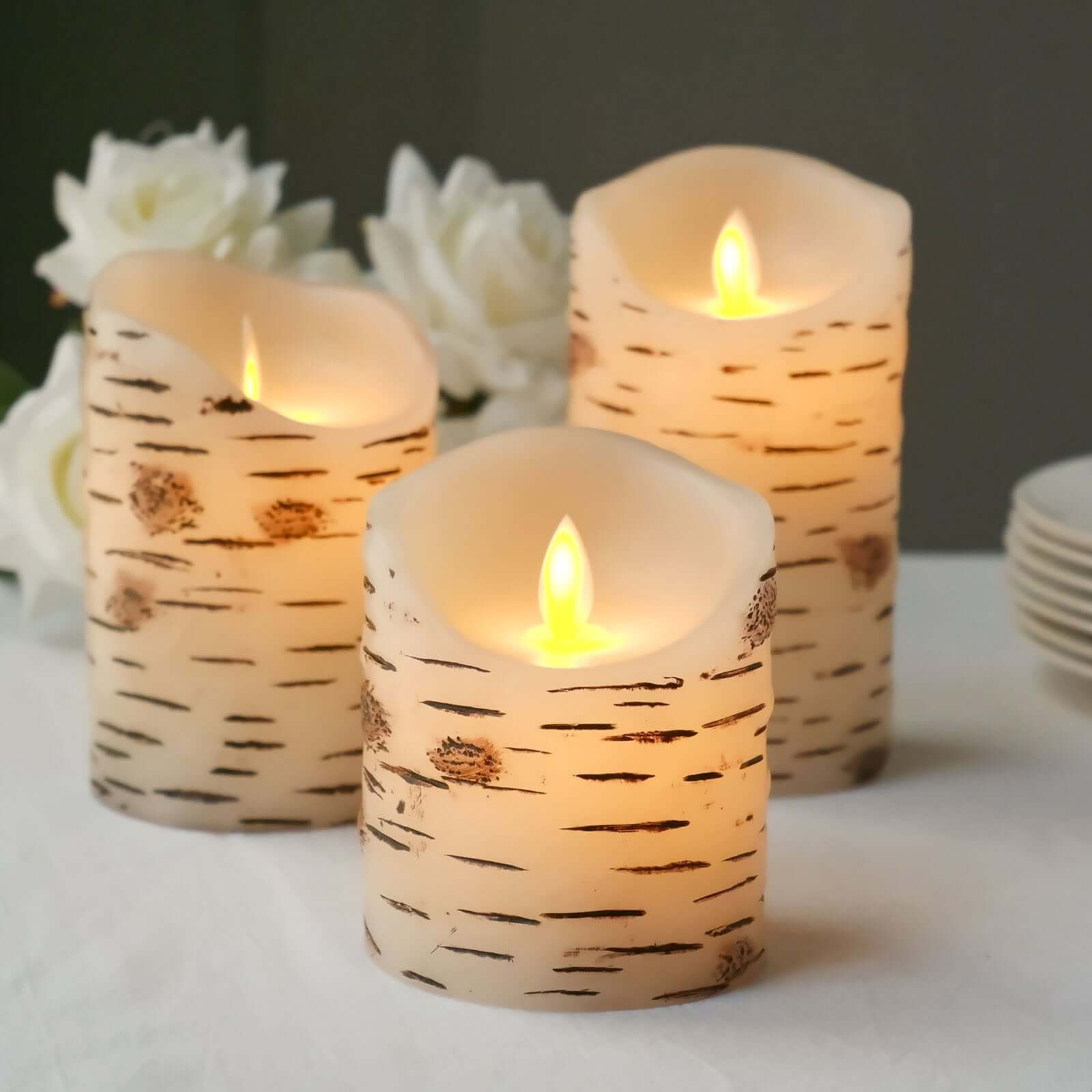 Set of 3 LED Flameless Pillar Candles Burnt Birch Bark Design Warm White - Battery Operated with Remote